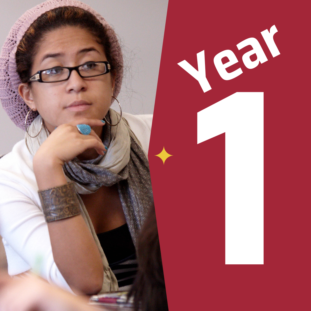 A photo of a female student in a classroom next to a graphic that says year one.