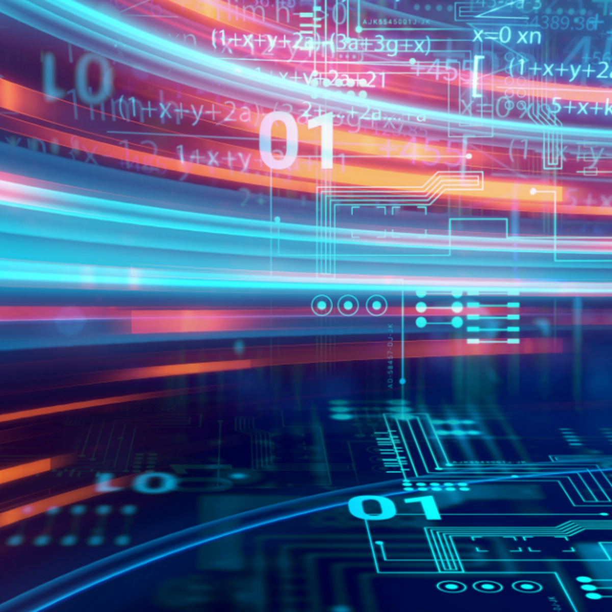 An abstract illustration of machine learning, featuring colorful lights, numbers, equations, and computer grids