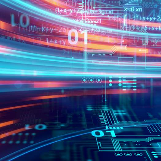 An abstract illustration of machine learning, featuring colorful lights, numbers, equations, and computer grids