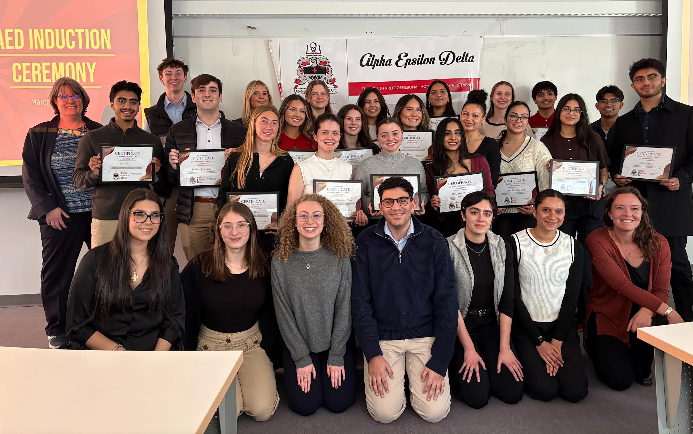 A group photo of all of the members of the Alpha Epsilon Delta Health Professional Honor Society at Stevens, Class of 2025.