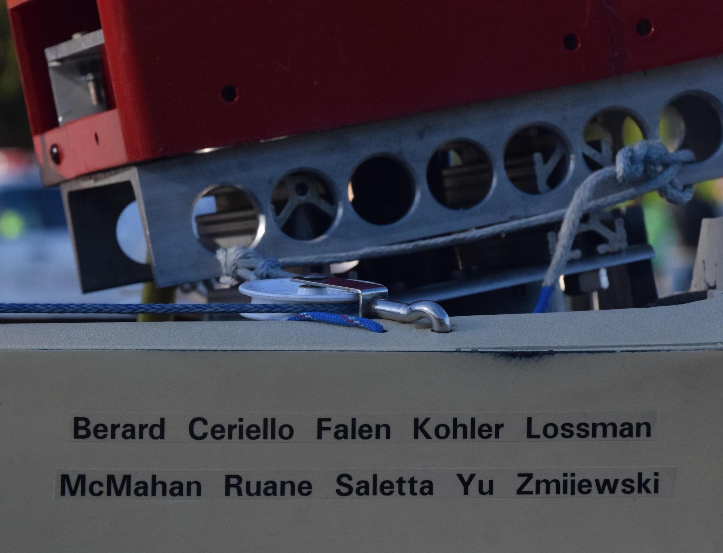 The team’s eboat proudly features the crew’s last names, Berard, Ceriello, Falen, Kohler, Lossman, McMahan, Ruane, Saleetta, Yu and Zmijewski.