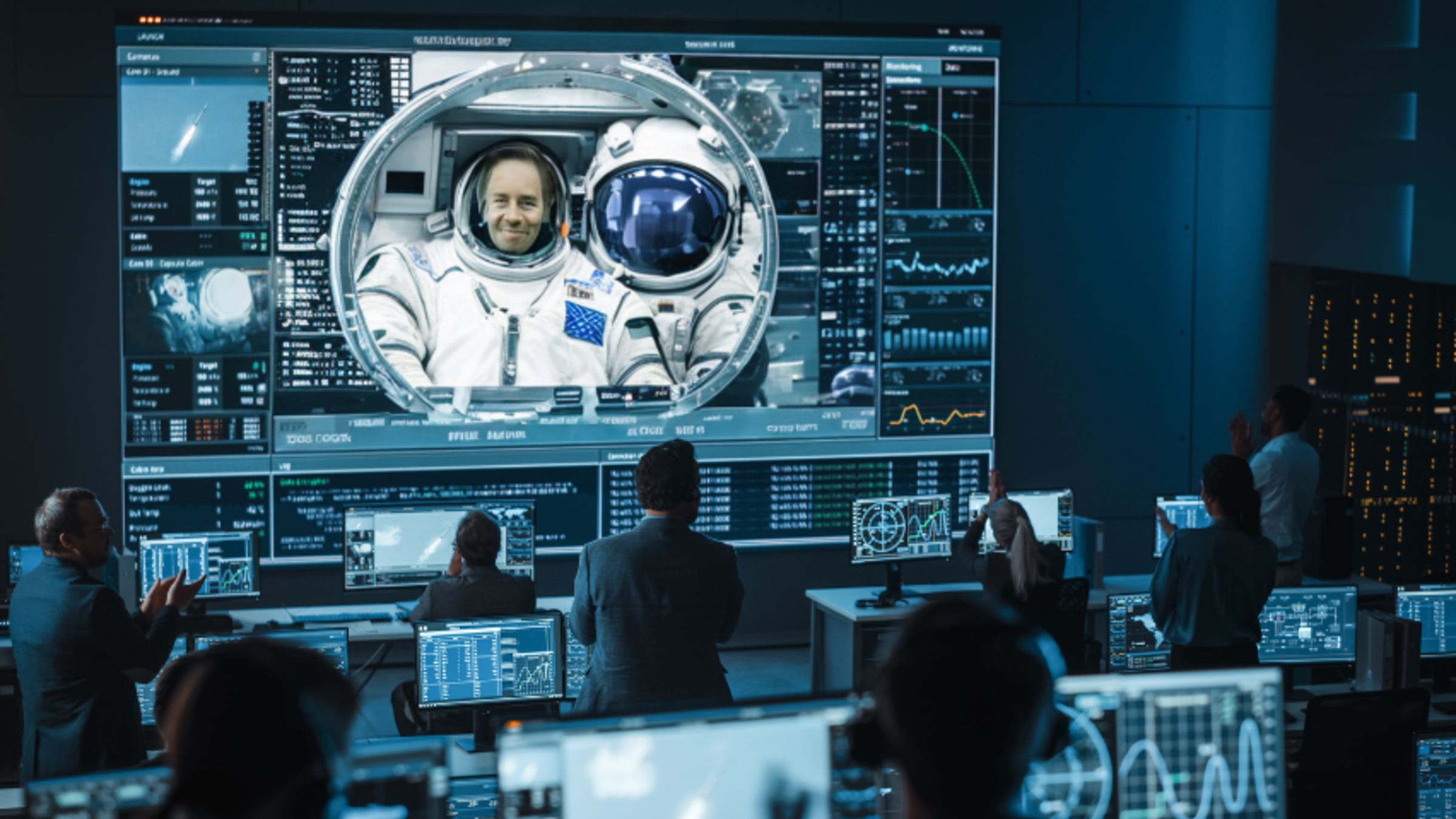 An image of a big screen in a busy control room with an astronaut featured on the screen and lots of graphs on the screen.