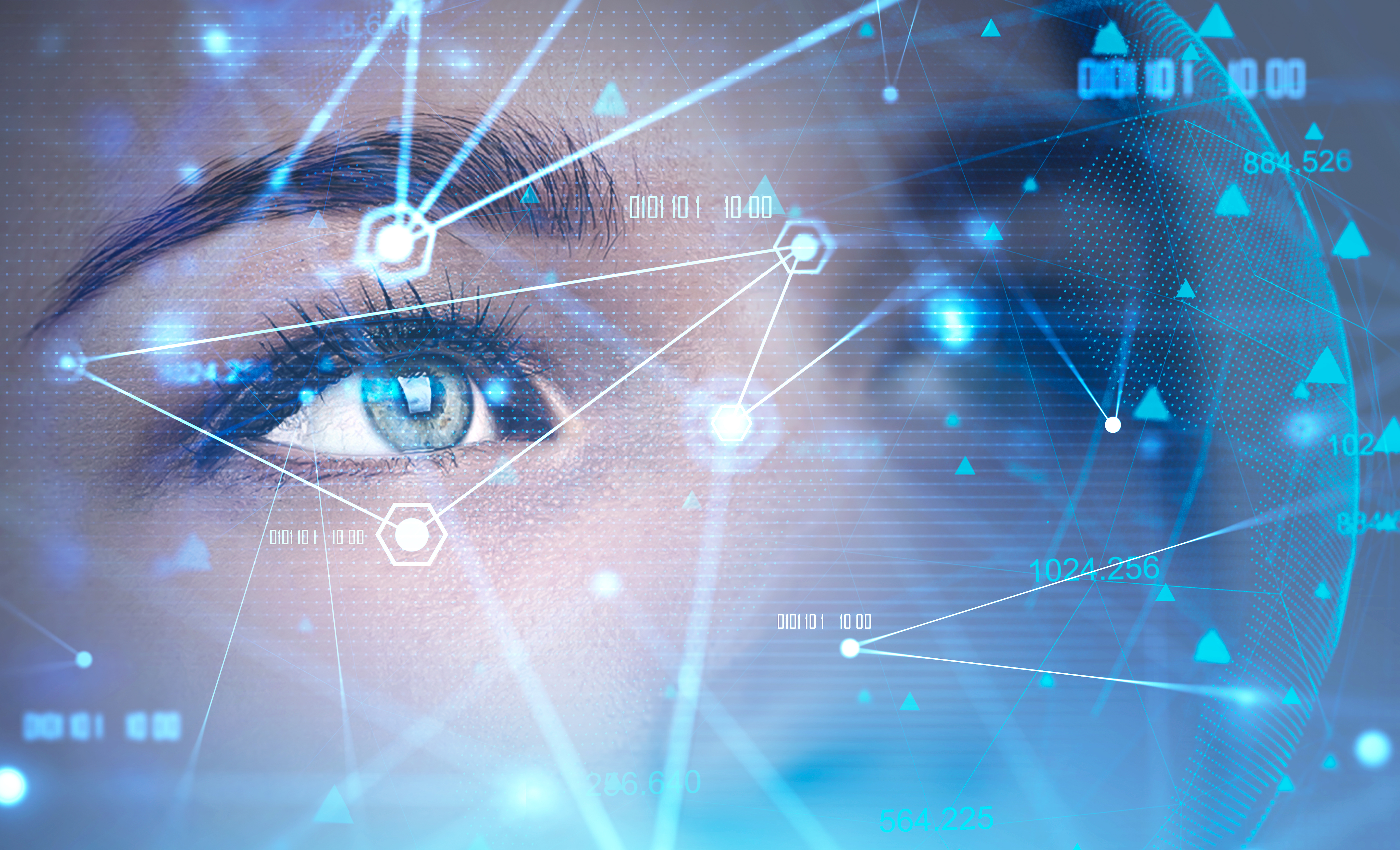 photo of a woman's eye and eyebrow, with lines, numbers drawn on it to depict artificial intelligence