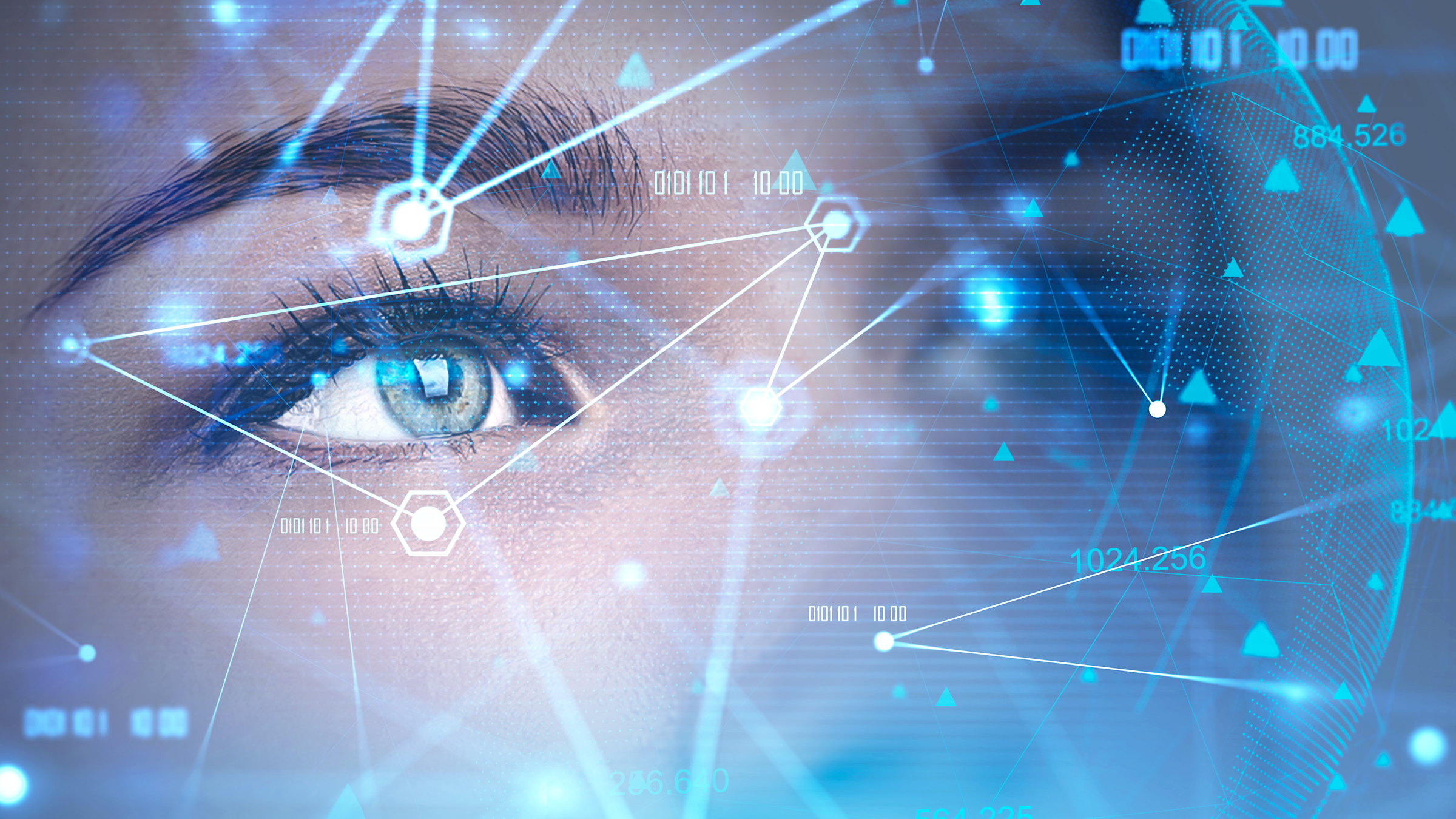 photo of a woman's eye and eyebrow, with lines, numbers drawn on it to depict artificial intelligence