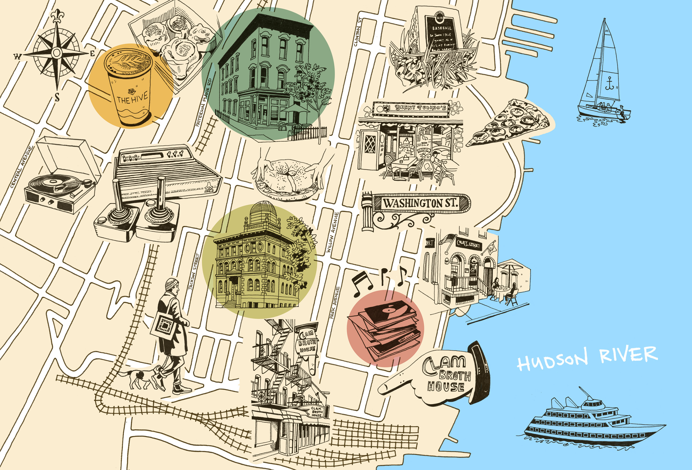 Illustrations of Hoboken map, Vintage Revival, Hoboken Library, Clam Broth House, Court Street, Benny Tudino’s; bagel, compass, record player, cinnamon rolls, coffee cup, man and dog, records, Washington Street sign, pizza, historical marker, boats.