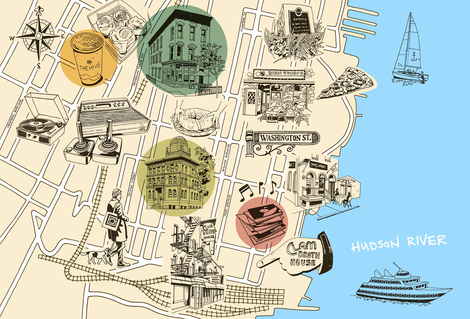 Illustrations of Hoboken map, Vintage Revival, Hoboken Library, Clam Broth House, Court Street, Benny Tudino’s; bagel, compass, record player, cinnamon rolls, coffee cup, man and dog, records, Washington Street sign, pizza, historical marker, boats.