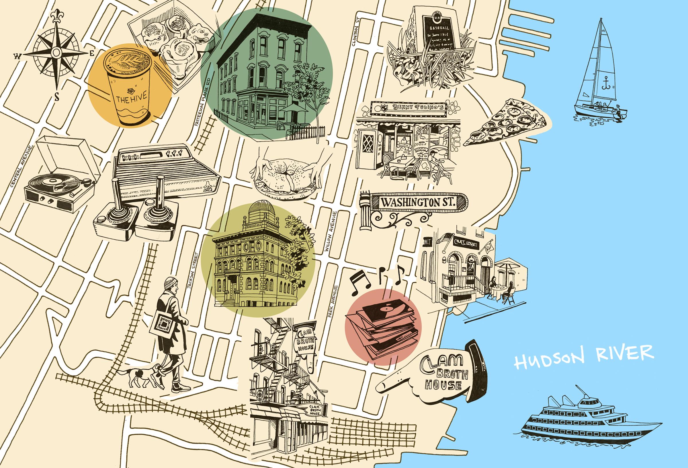 Illustrations of Hoboken map, Vintage Revival, Hoboken Library, Clam Broth House, Court Street, Benny Tudino’s; bagel, compass, record player, cinnamon rolls, coffee cup, man and dog, records, Washington Street sign, pizza, historical marker, boats.