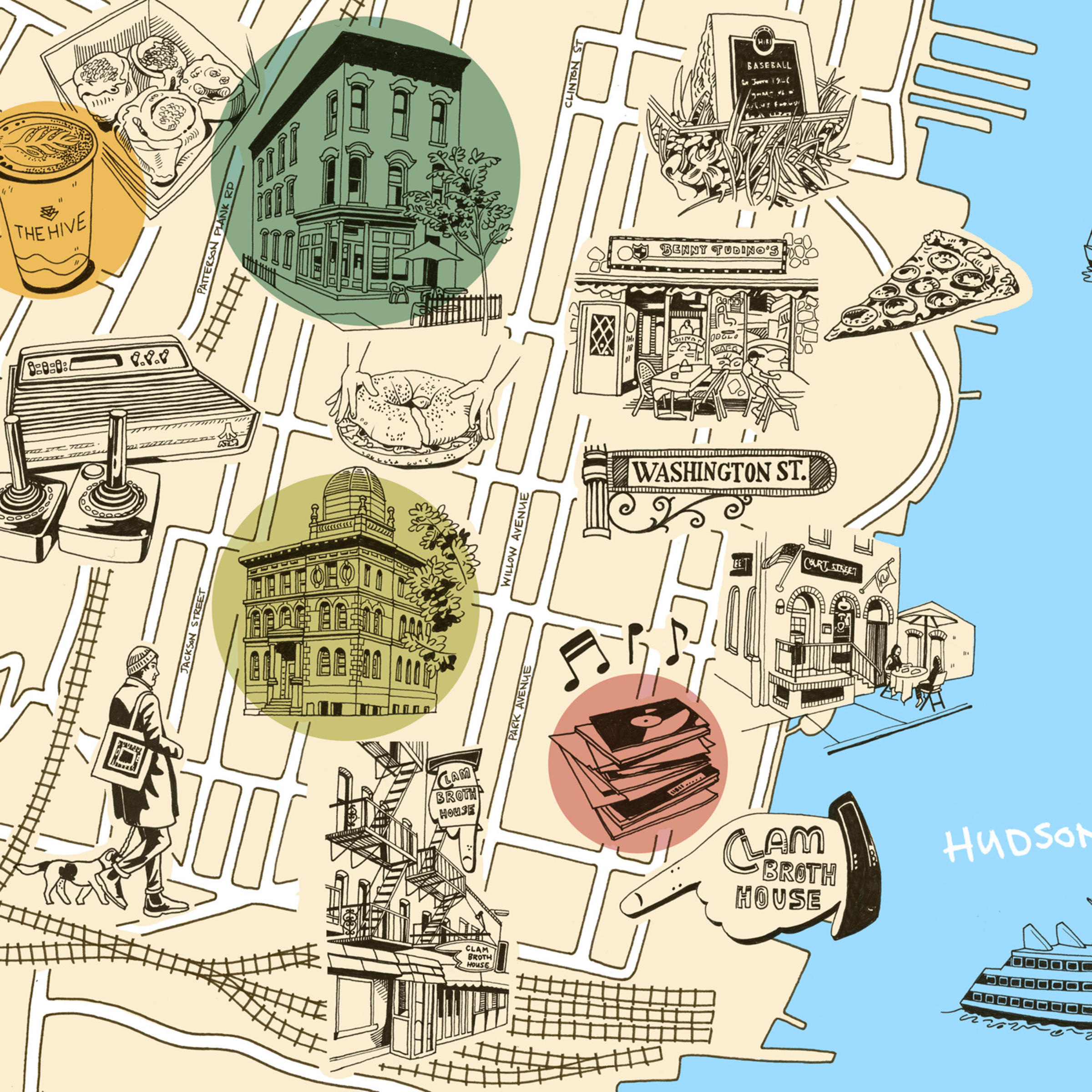Illustrations of Hoboken map, Vintage Revival, Hoboken Library, Clam Broth House, Court Street, Benny Tudino’s; bagel, compass, record player, cinnamon rolls, coffee cup, man and dog, records, Washington Street sign, pizza, historical marker, boats.