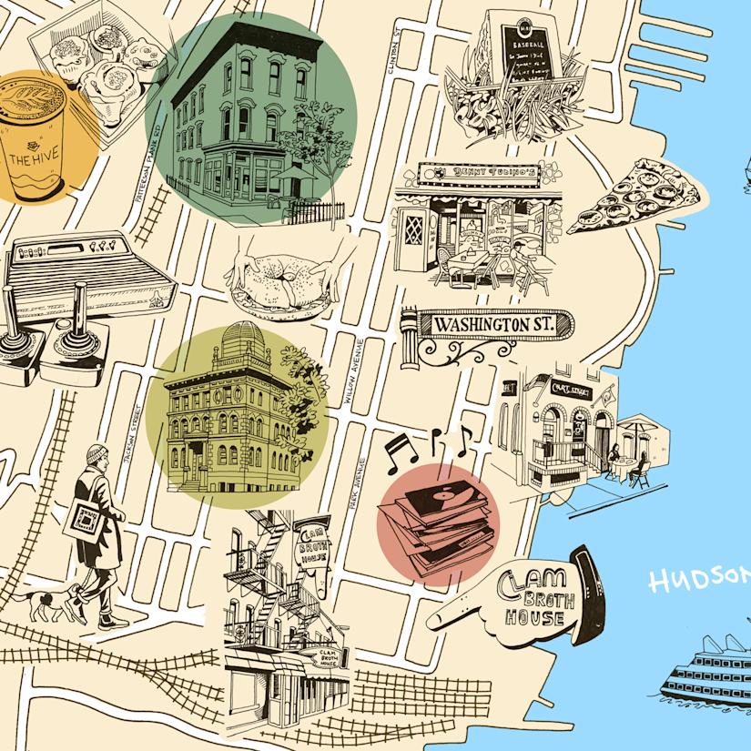 Illustrations of Hoboken map, Vintage Revival, Hoboken Library, Clam Broth House, Court Street, Benny Tudino’s; bagel, compass, record player, cinnamon rolls, coffee cup, man and dog, records, Washington Street sign, pizza, historical marker, boats.