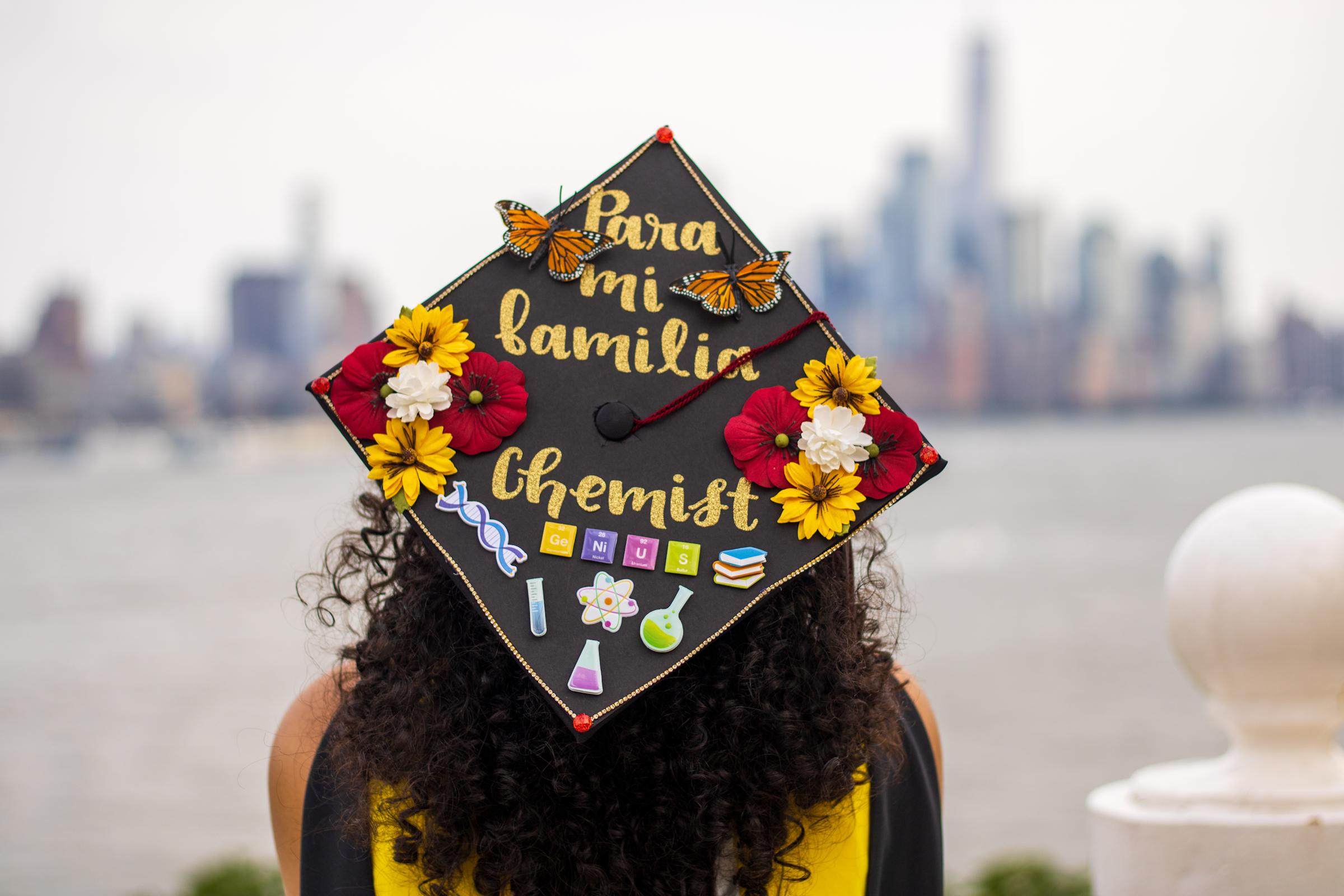 Chemistry and chemical biology graduate Chrstina Puntiel looking over the Hudson River at the New York skyline