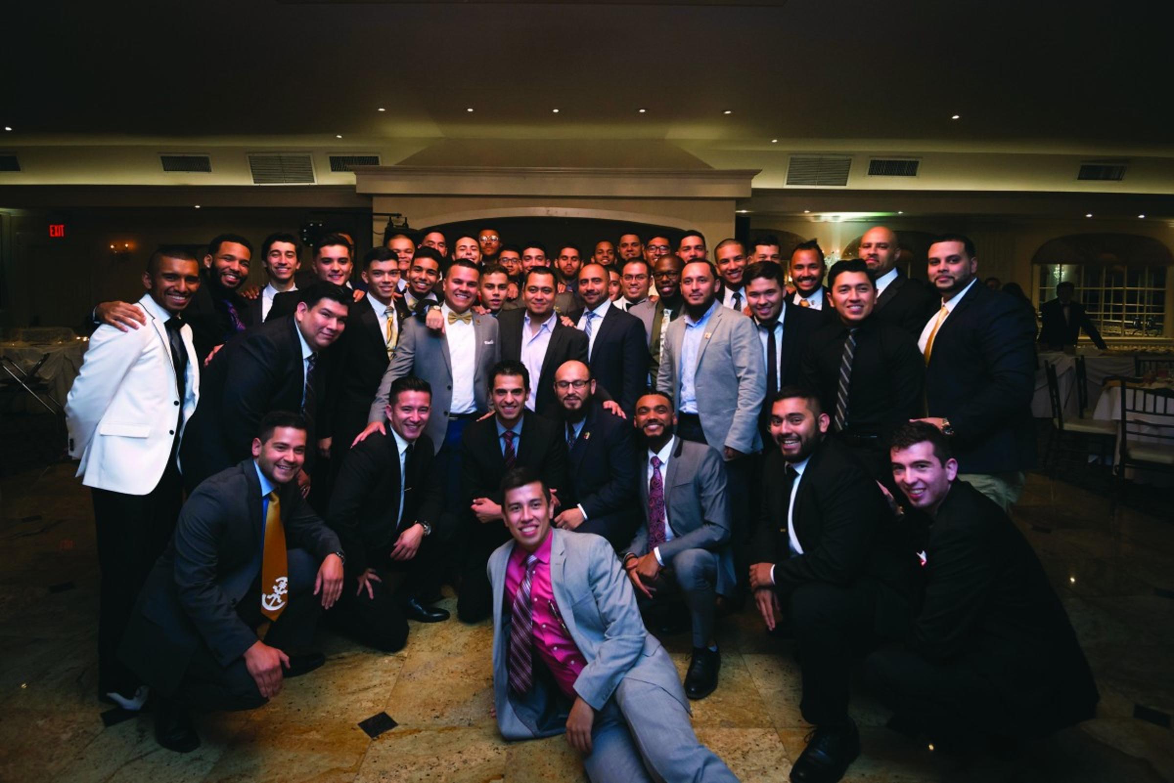 Jose Angeles ’19 (back row) and the hermanos of Lambda Upsilon Lambda came together to raise scholarship funds during the One Stevens. One Goal. Day of Giving challenge.