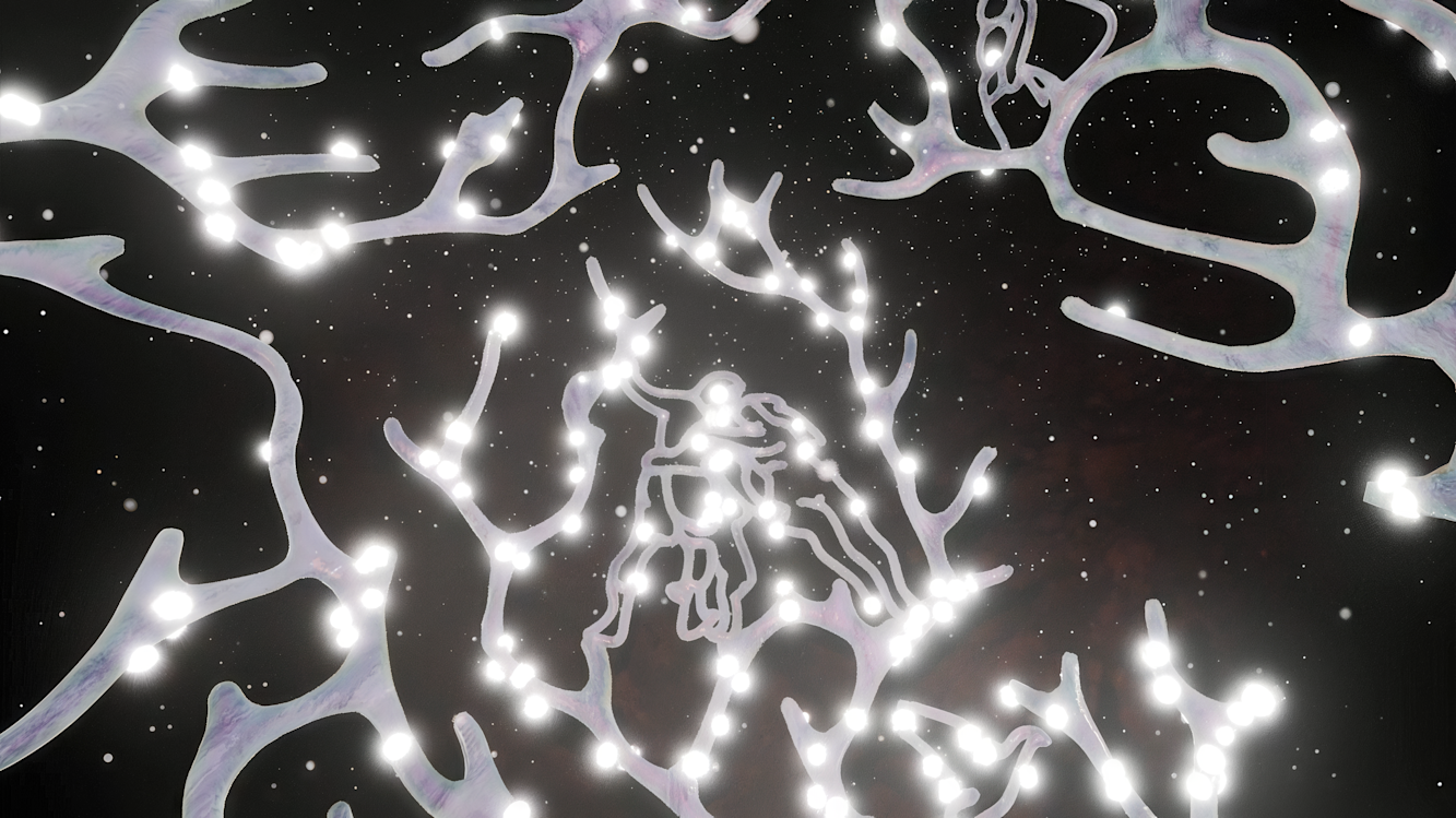 Still from Honey Fungus showing an interpretation of a fungal reproduction network in VR.