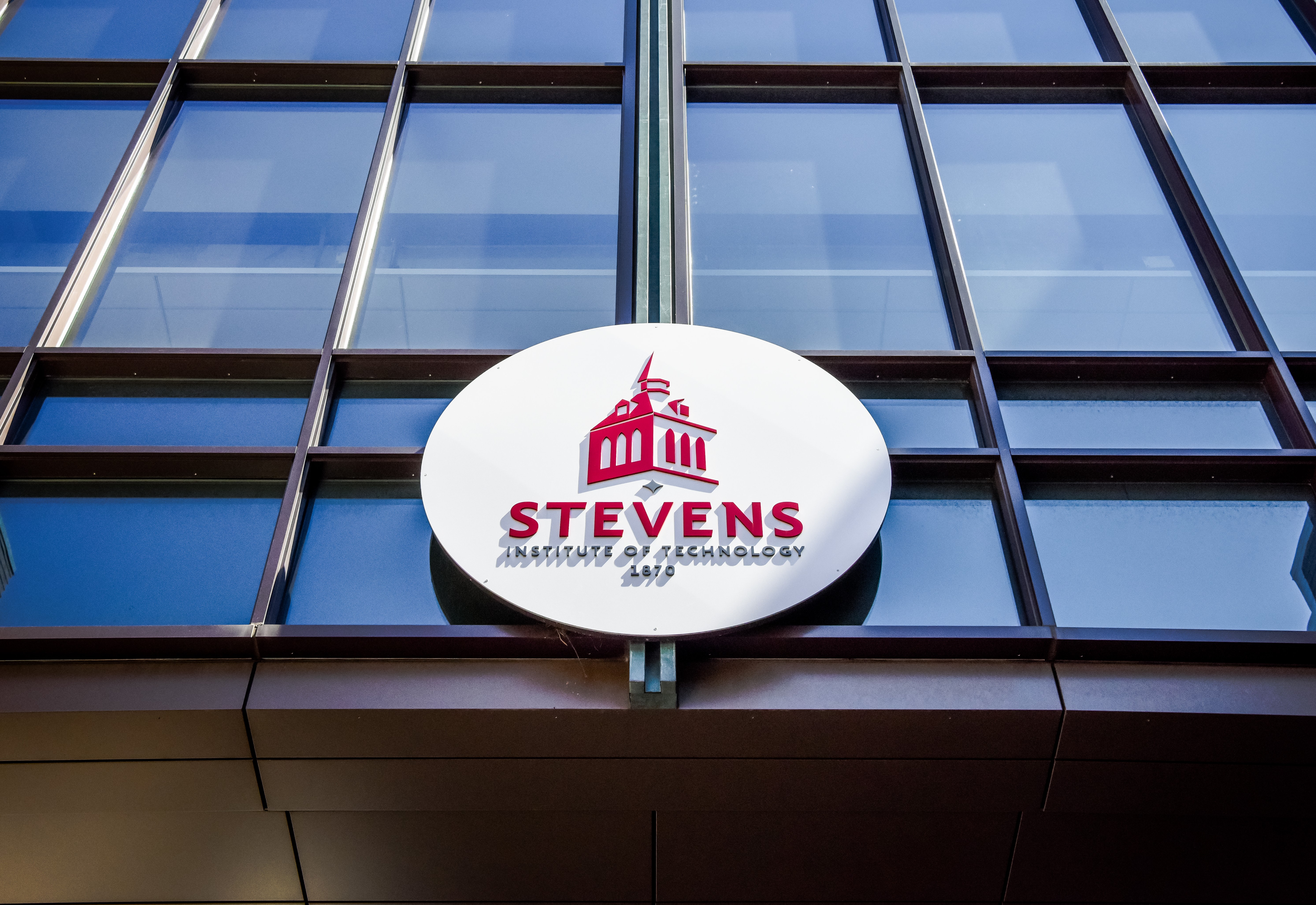 Stevens logo as it appears on a the Gateway Building in 2023.