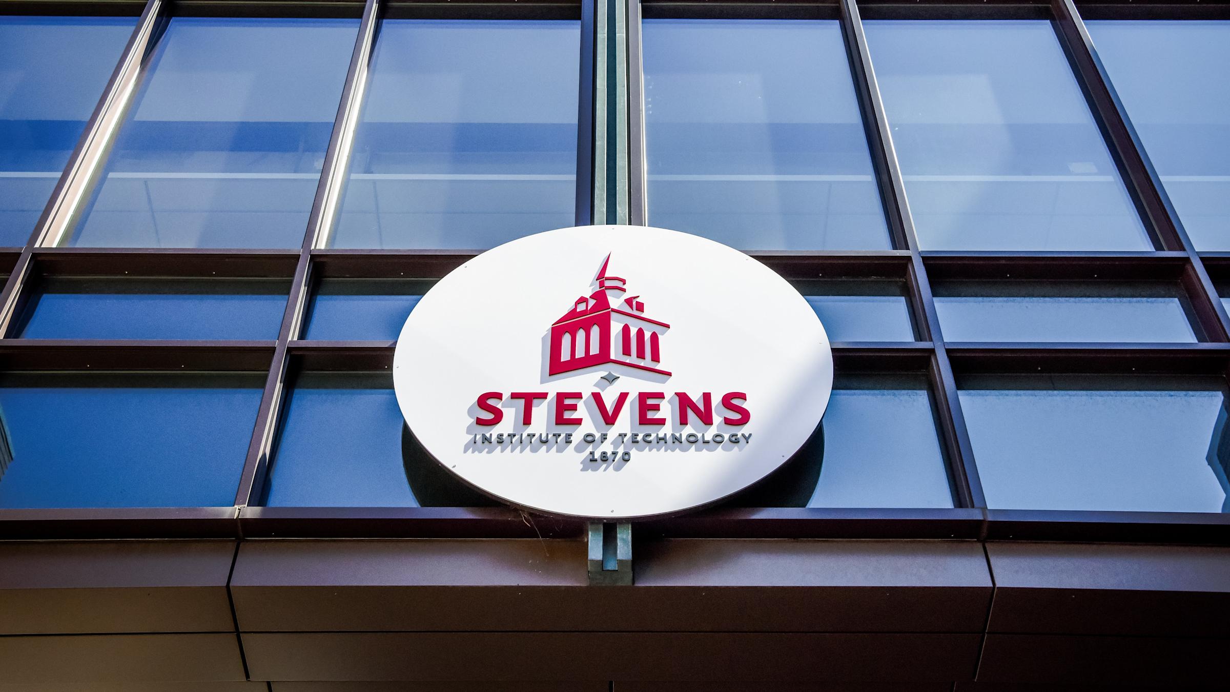 Stevens logo as it appears on a the Gateway Building in 2023.