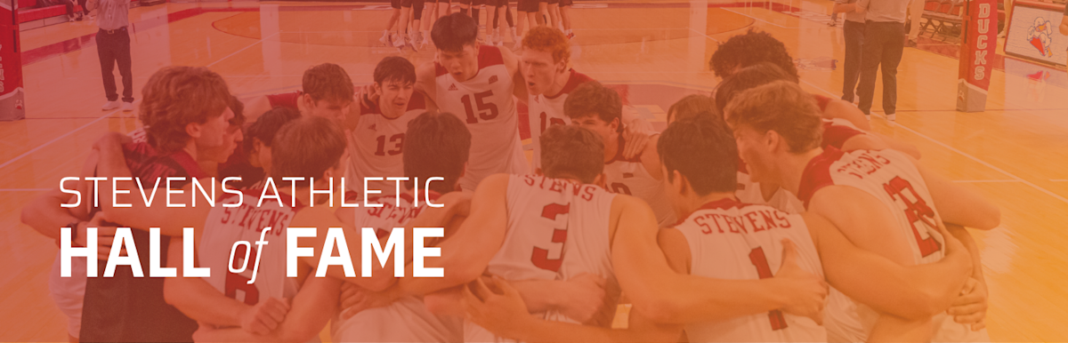 Men's basketball team huddles on court and lower left text reads Stevens Athletic Hall of Fame