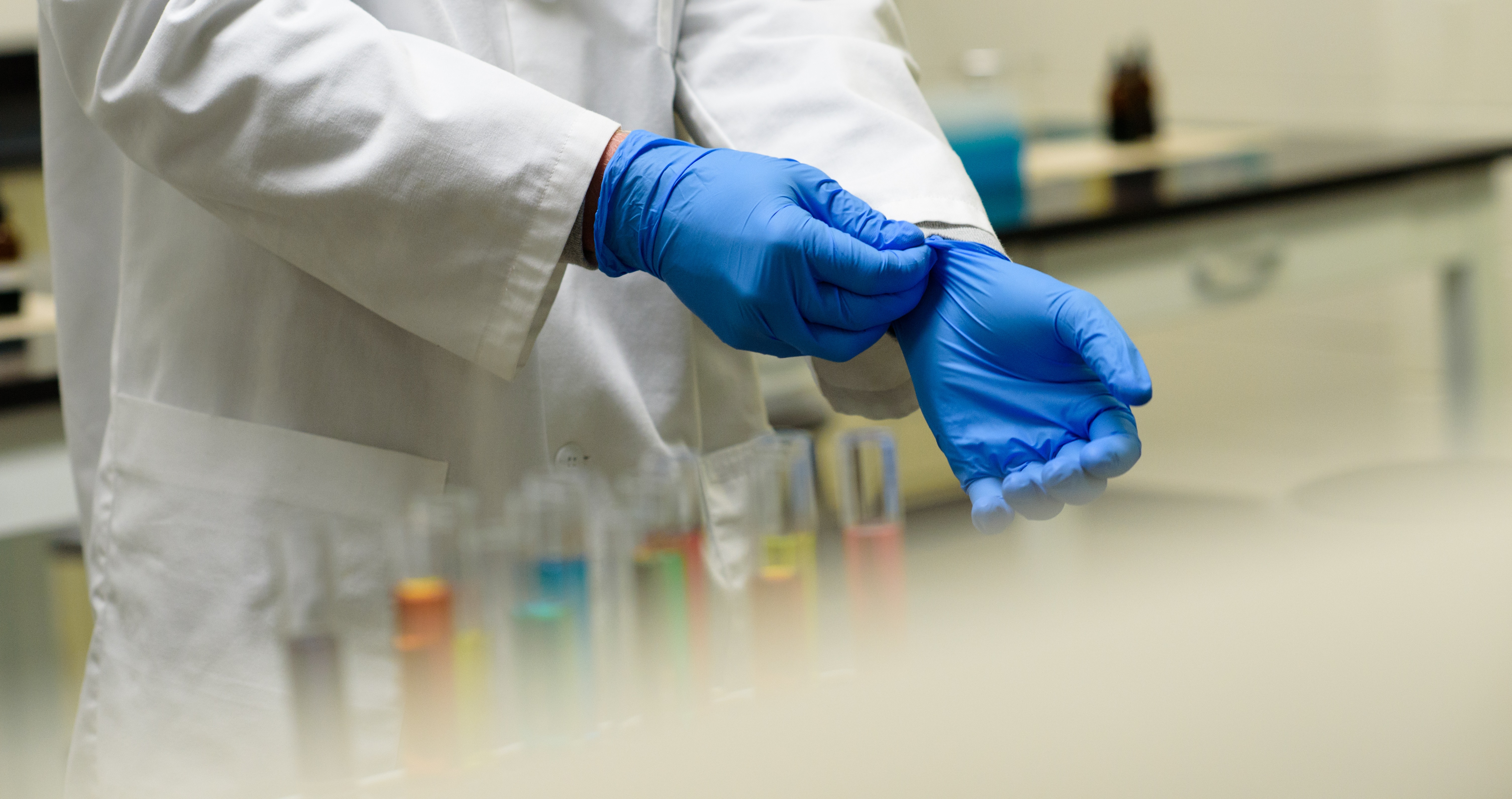 A pair of hands putting on protective gloves in a lab.
