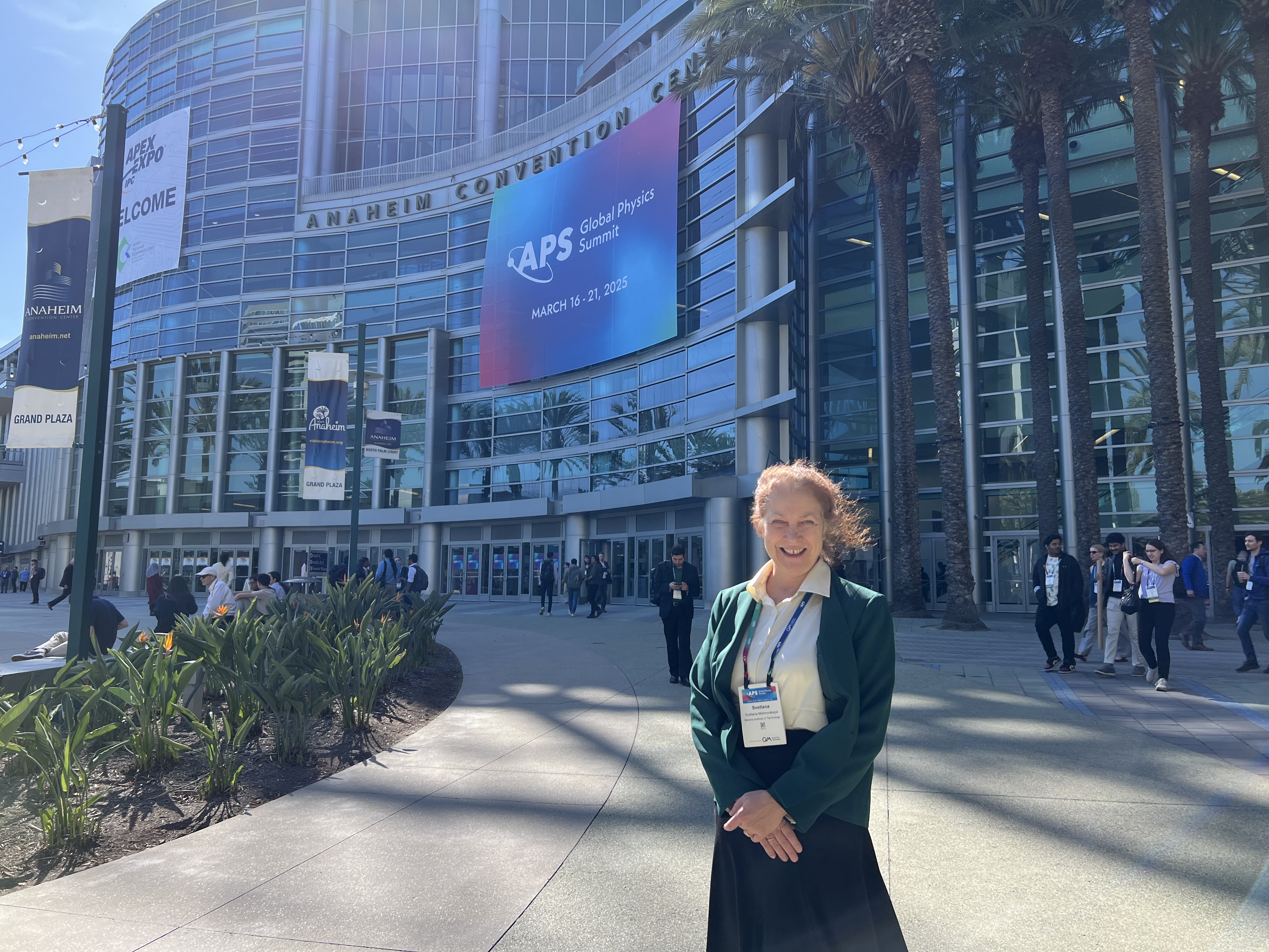 Professor Svetlana A. Malinovskaya at the APS Global Physics Summit 2025 in Anaheim, outside the convention center and smiling at the camera