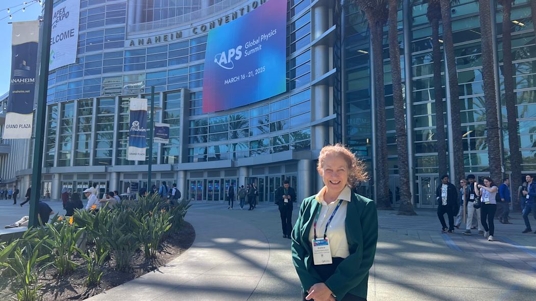 Professor Svetlana A. Malinovskaya at the APS Global Physics Summit 2025 in Anaheim, outside the convention center and smiling at the camera