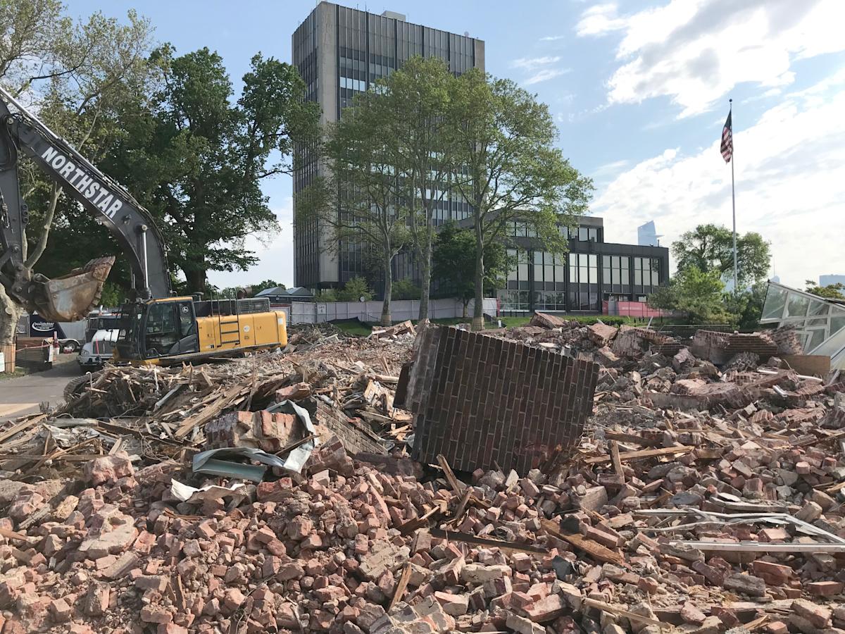 Stevens campus with building demolition in foreground.