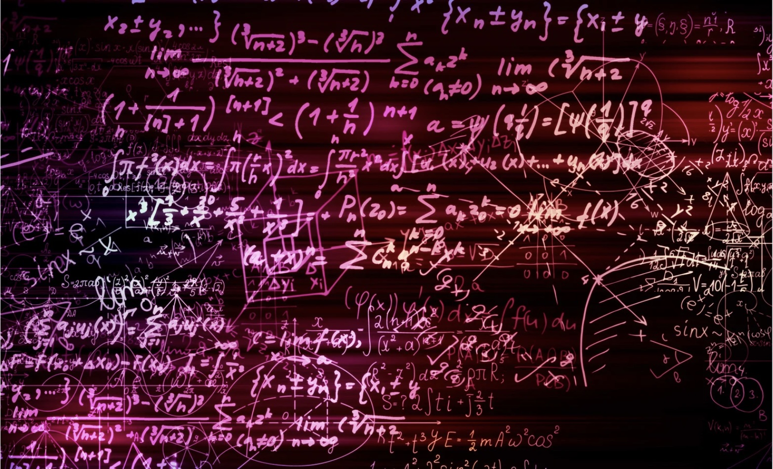 Abstract blocks of math formulas in virtual space in pink letters on a black background