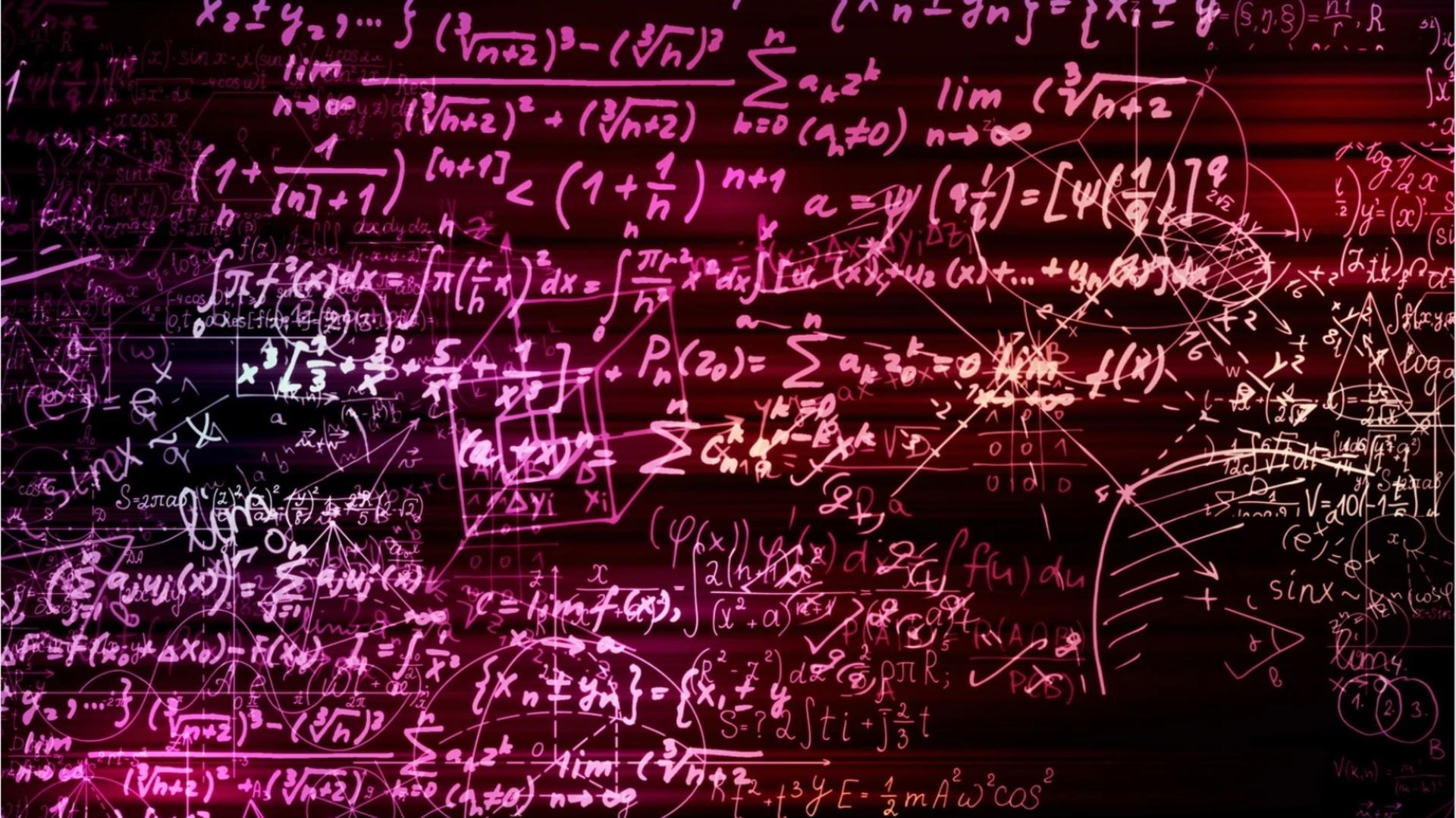 Abstract blocks of math formulas in virtual space in pink letters on a black background
