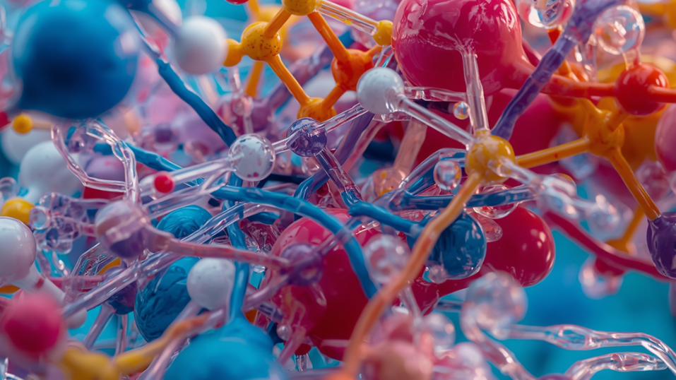 A close up, abstract 3D rendering of a complex network of colorful, interconnected molecular structures with a shallow depth of field.