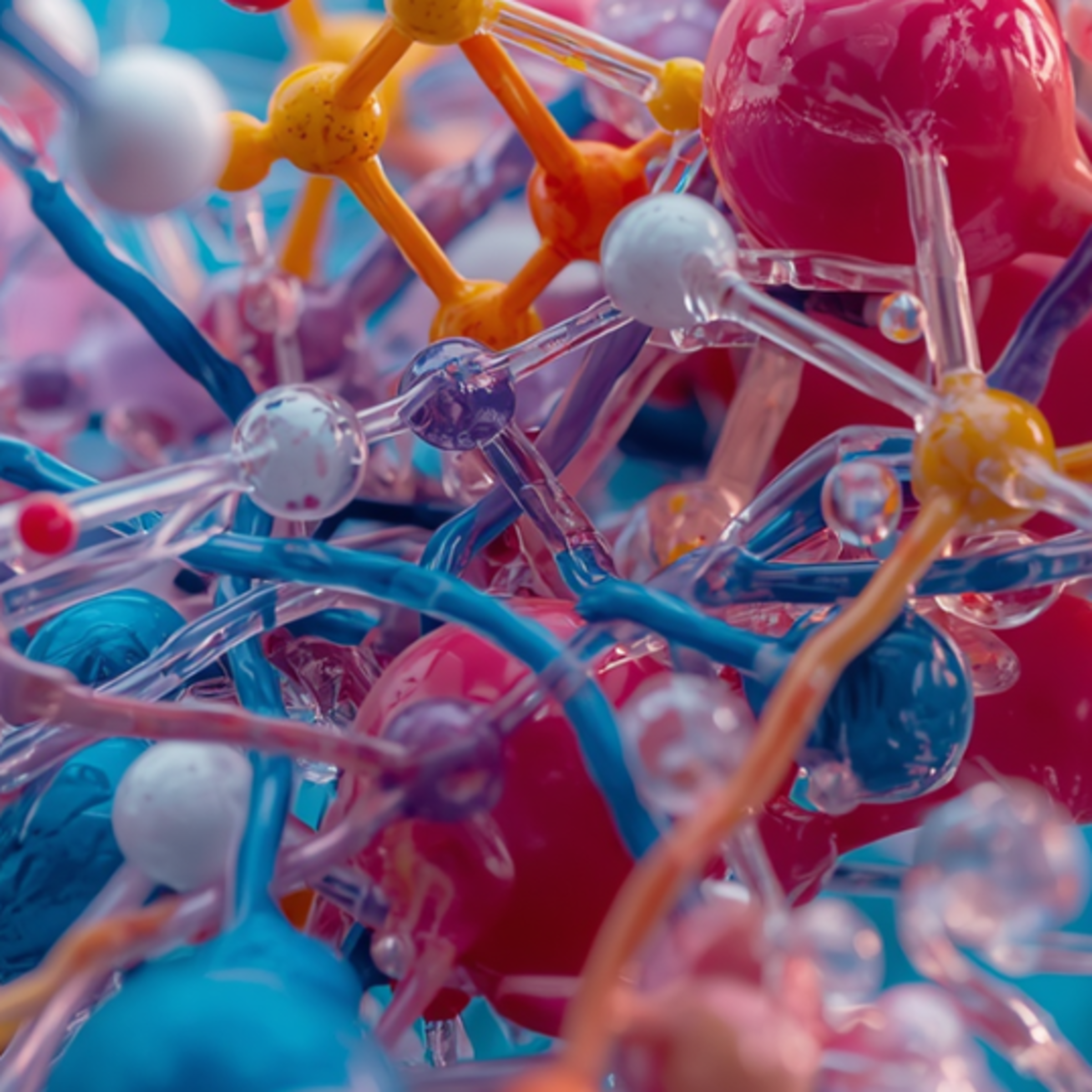 A close up, abstract 3D rendering of a complex network of colorful, interconnected molecular structures with a shallow depth of field.