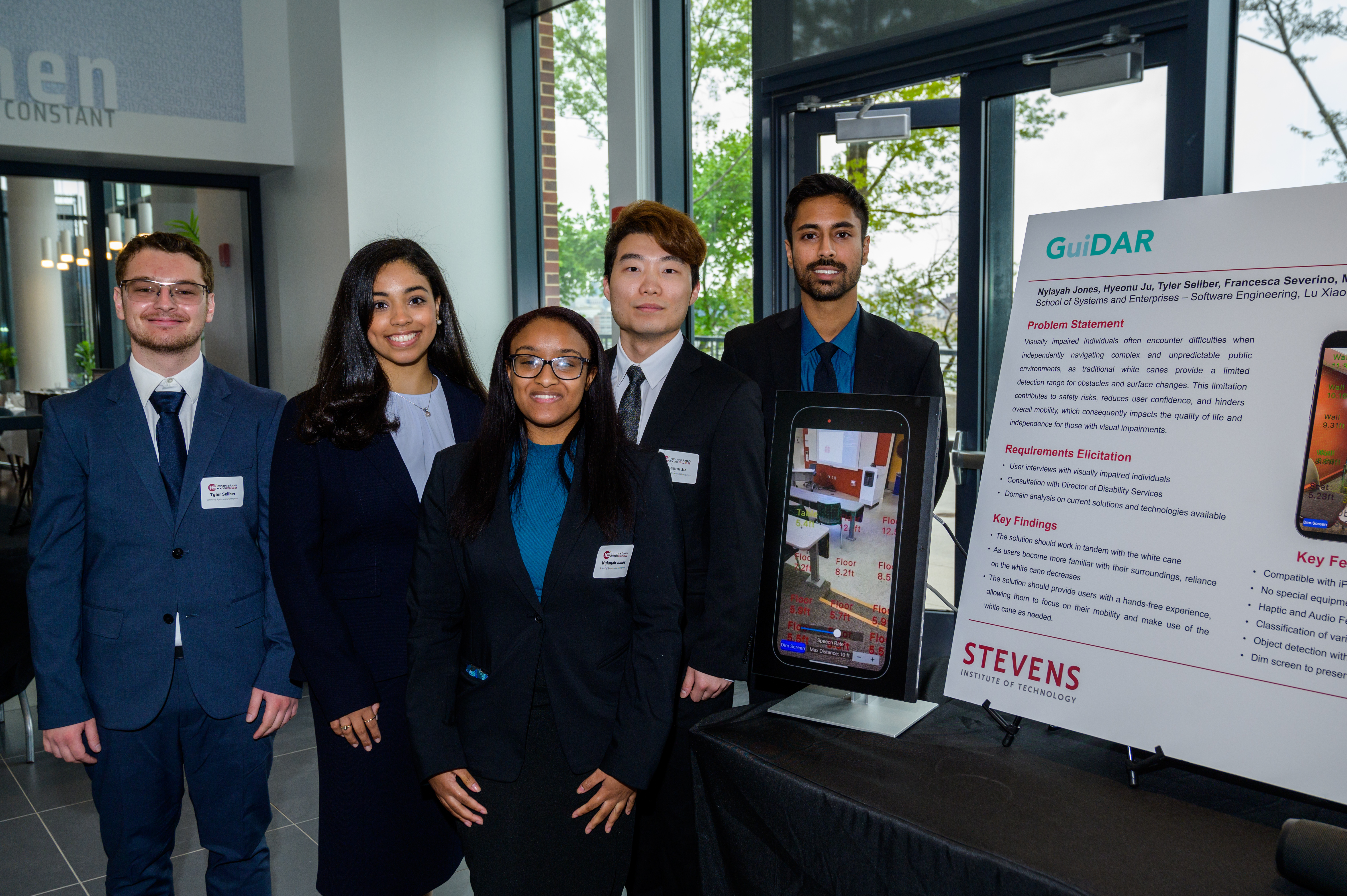 The Software Engineering GuiDAR team at the 2023 Innovation Expo. From left to right: Tyler Seliber, Francesca Severino, Nylayah Jones, Hyeonu Ju and Mehrab Syed.