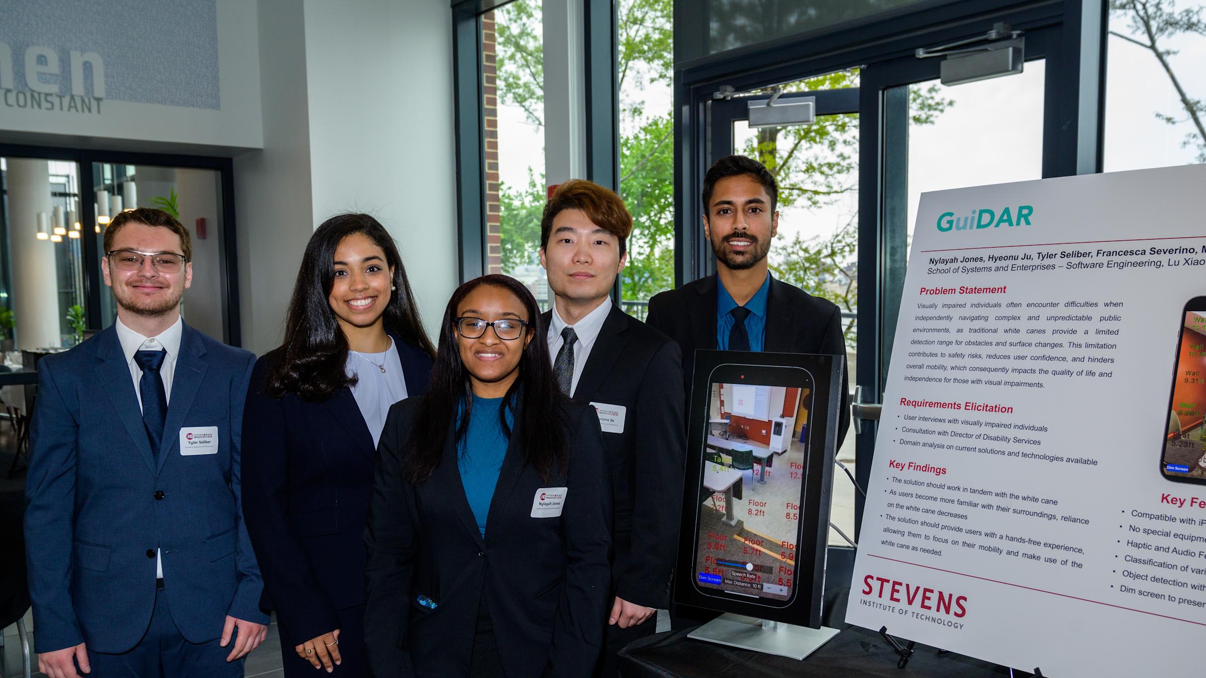 The Software Engineering GuiDAR team at the 2023 Innovation Expo. From left to right: Tyler Seliber, Francesca Severino, Nylayah Jones, Hyeonu Ju and Mehrab Syed.