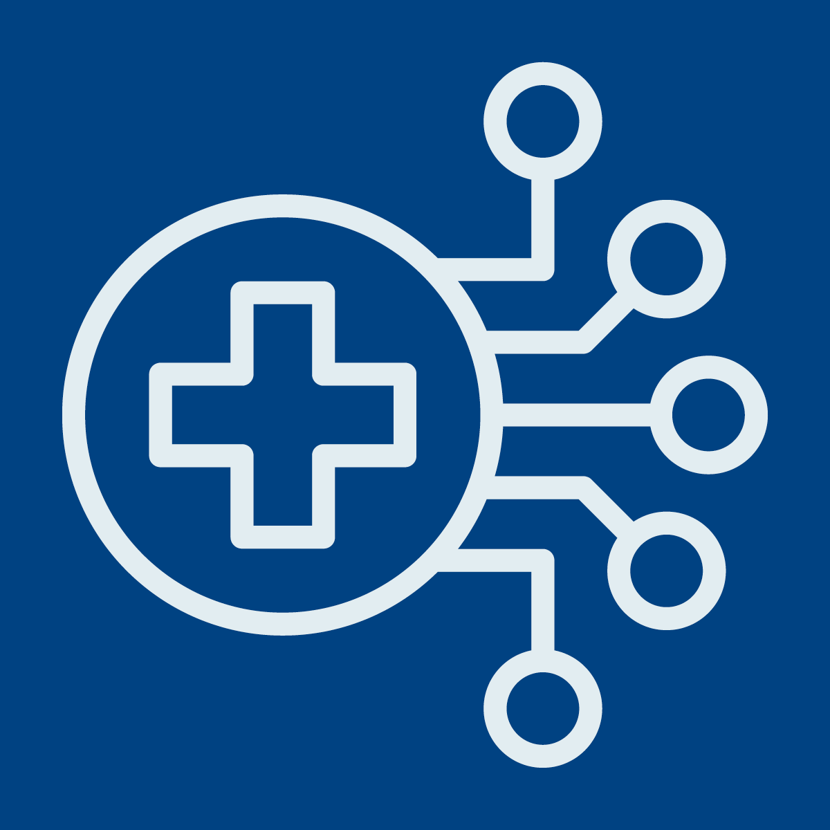 Small abstract illustration with a medicine cross logo and network-like shapes.