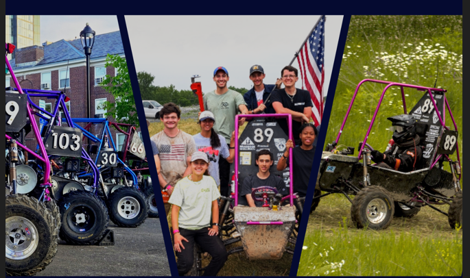 Three images featuring the members of the Society of Automotive Engineers and their team cars. 
