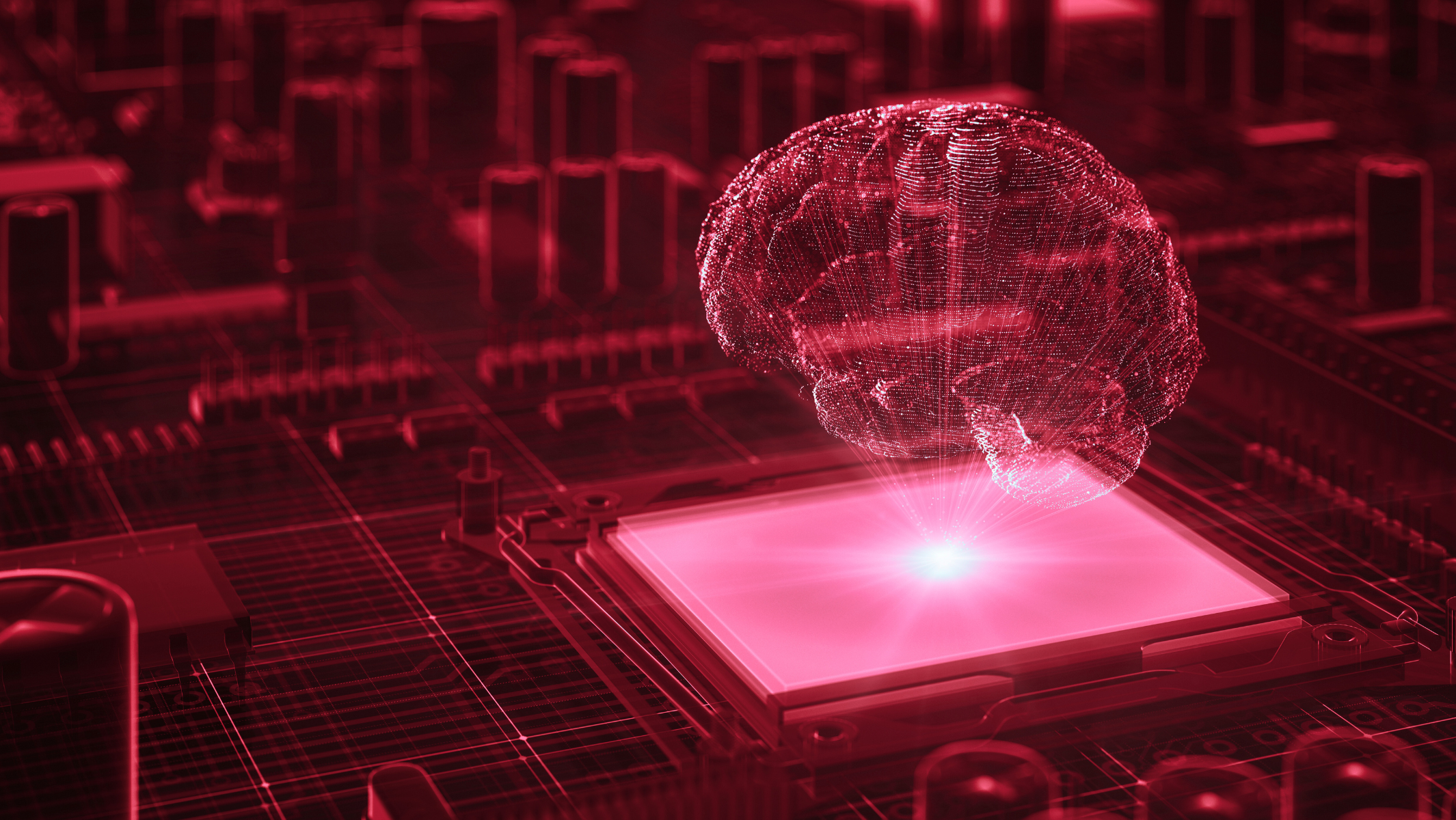 Artificial intelligence, machine learning concept with brain. Color gradient, neon lights.