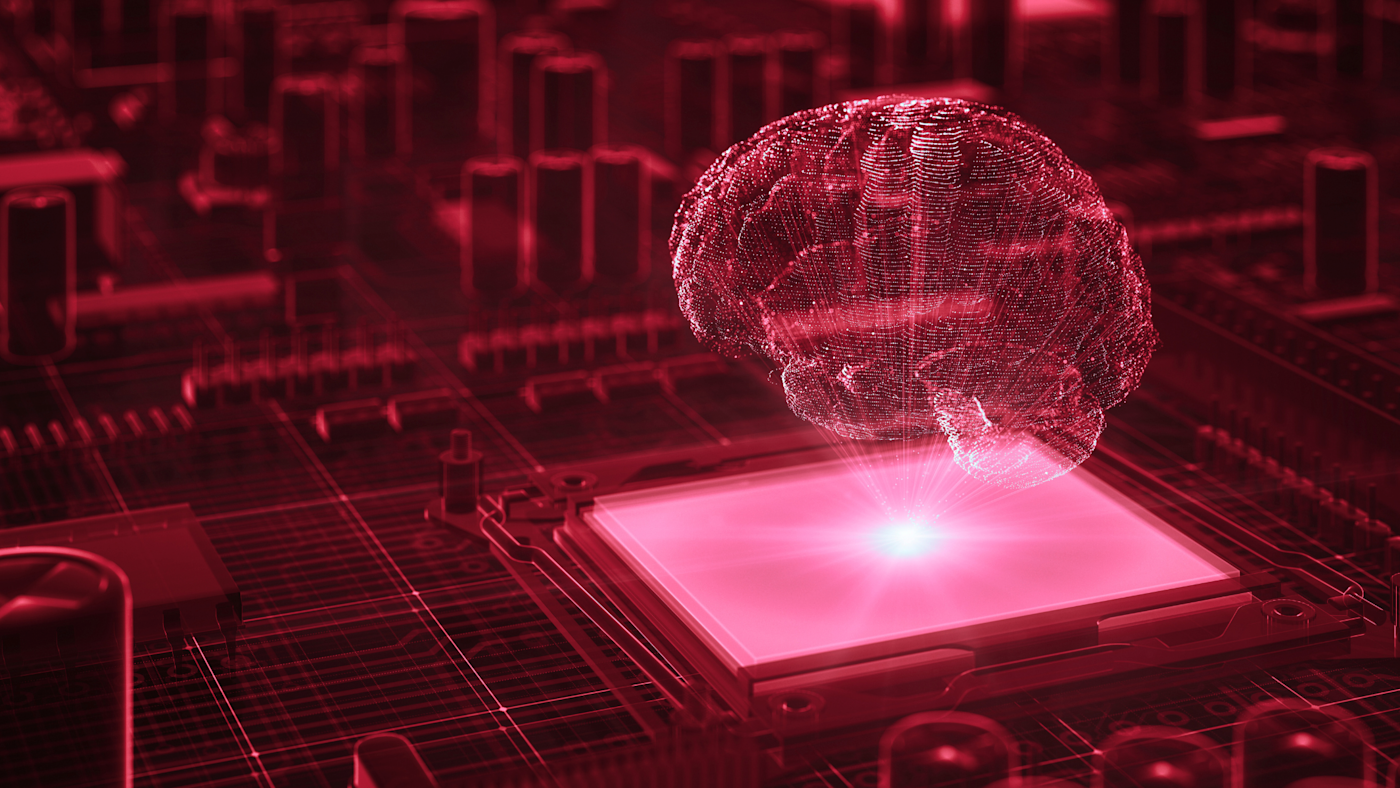 Artificial intelligence, machine learning concept with brain. Color gradient, neon lights.
