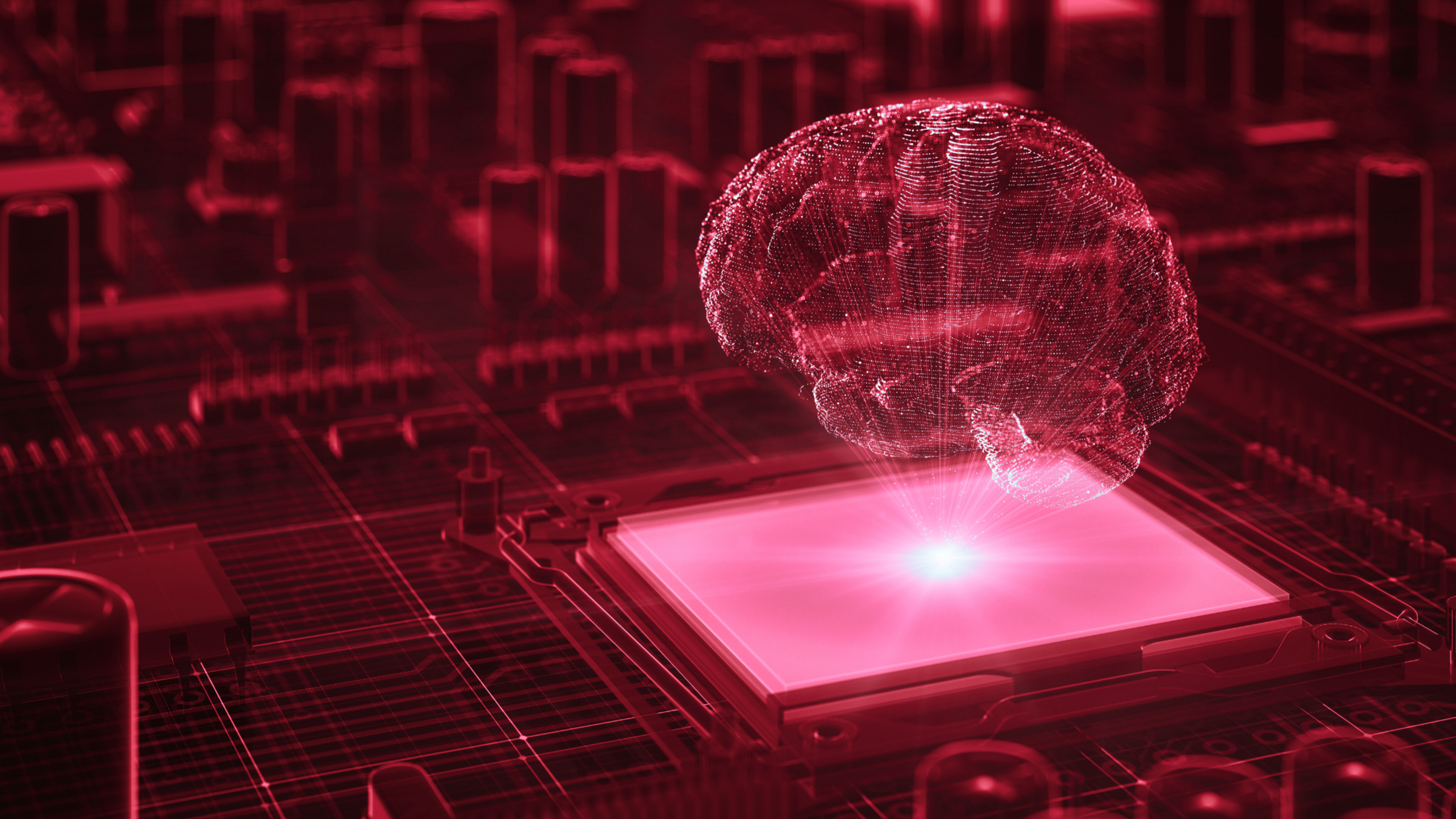 Artificial intelligence, machine learning concept with brain. Color gradient, neon lights.