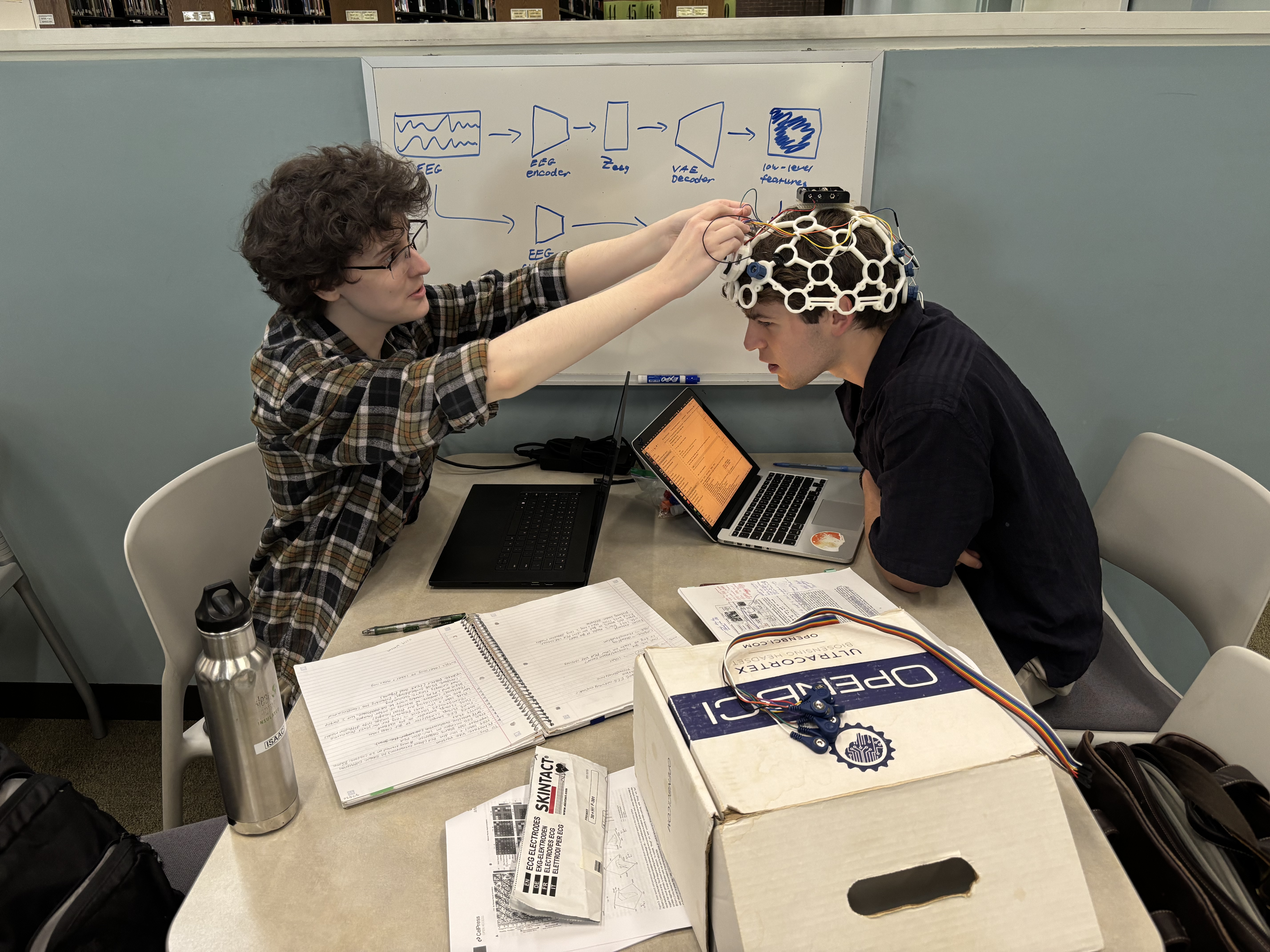 Issac Van Benthuysen on the left and Jack Caputo on the right working on their EEG machine.