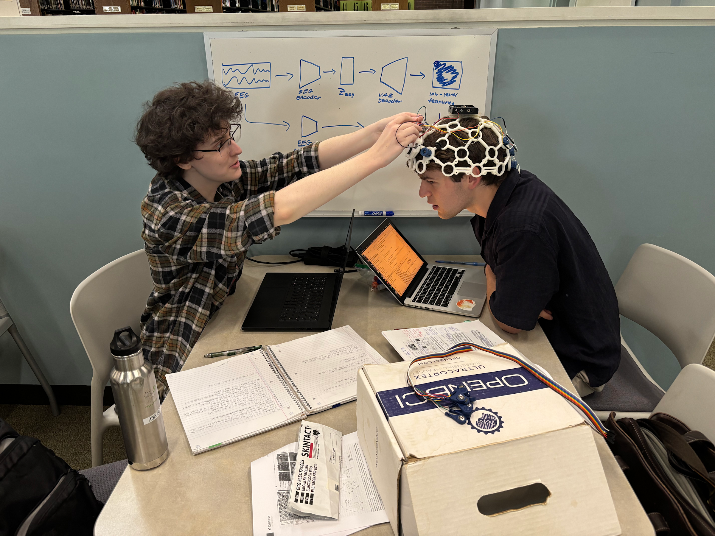 Issac Van Benthuysen on the left and Jack Caputo on the right working on their EEG machine.