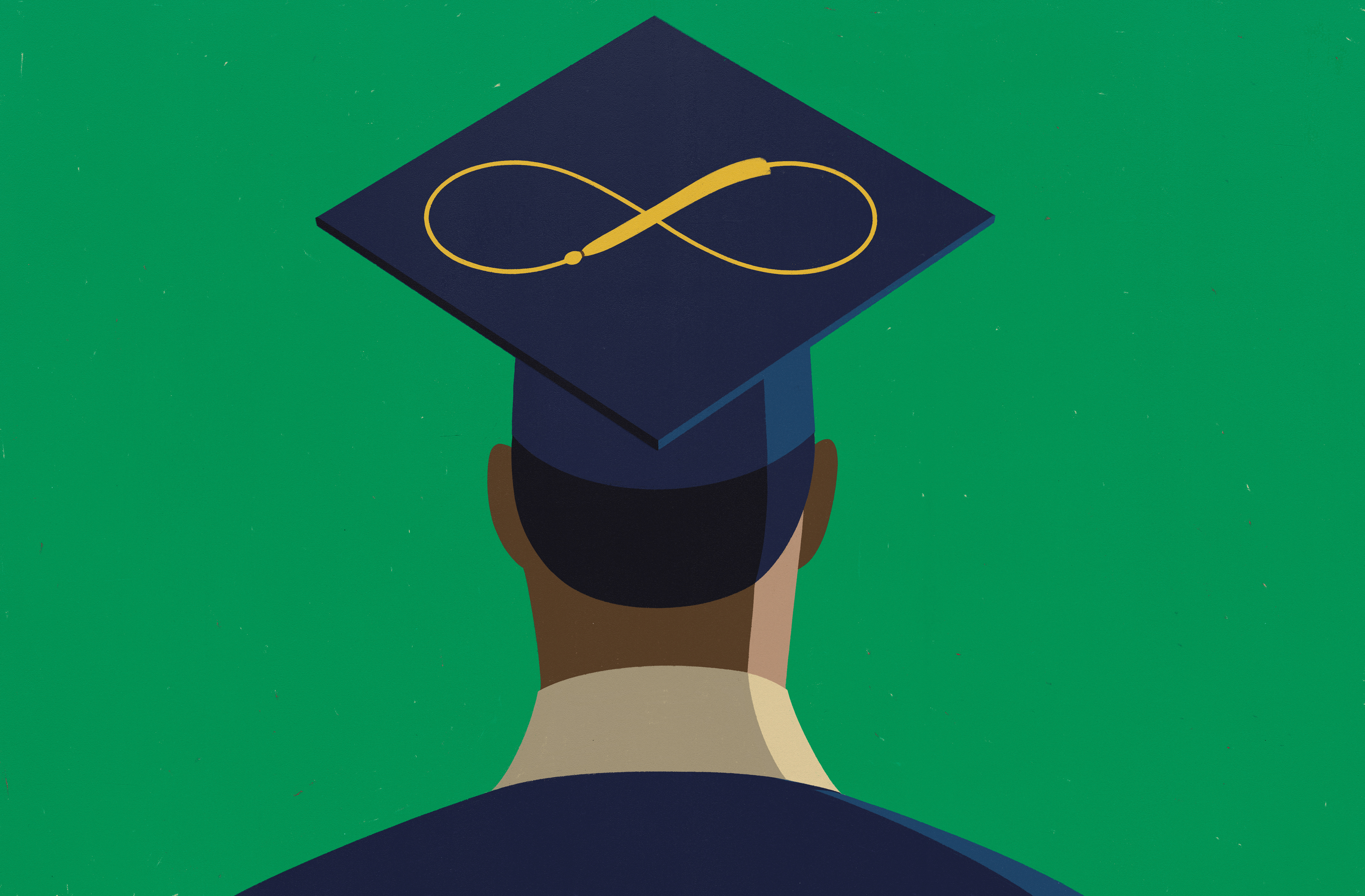 Illustration of graduate in cap and gown from behind with infinity sign on cap 