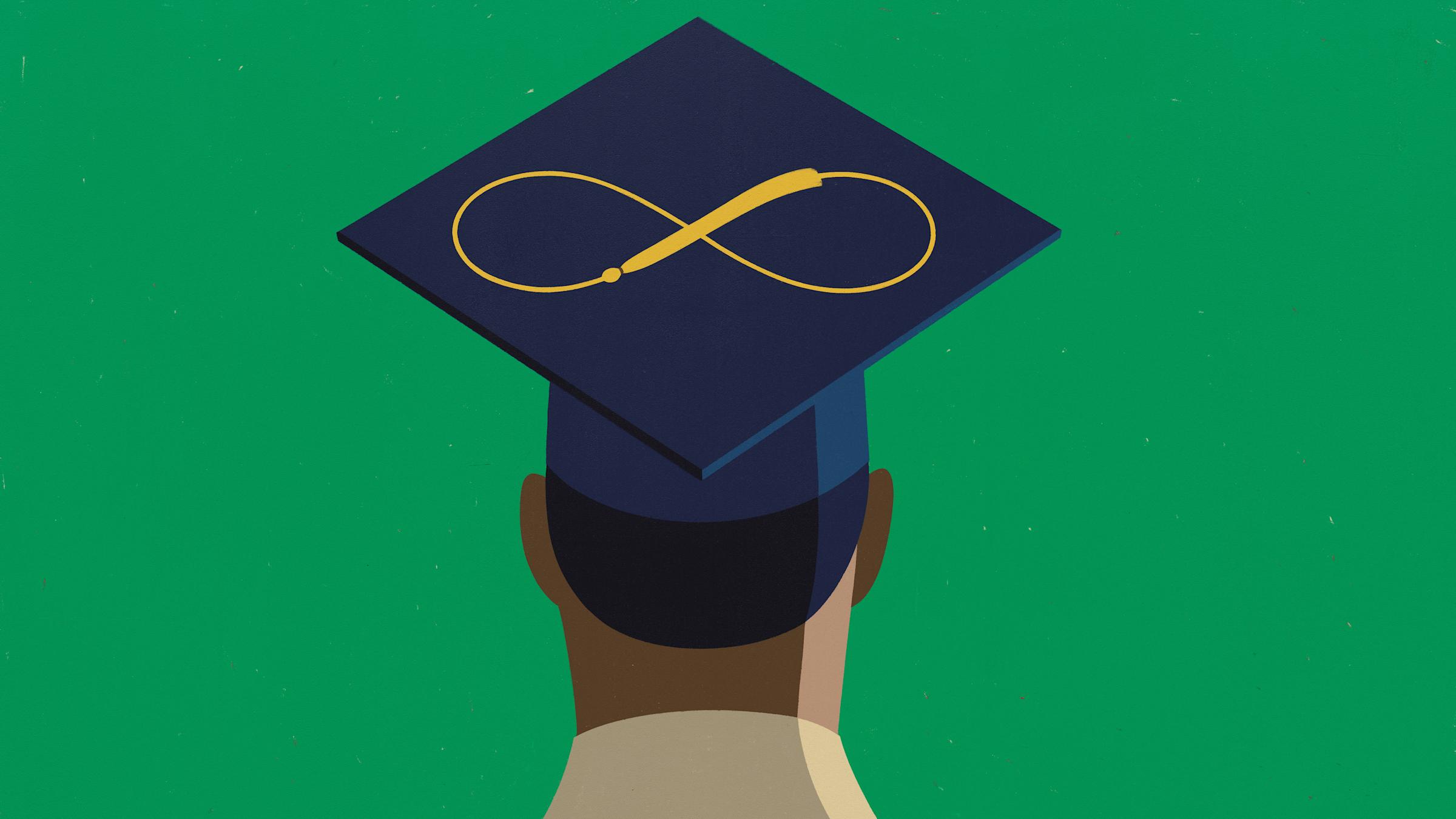 Illustration of graduate in cap and gown from behind with infinity sign on cap