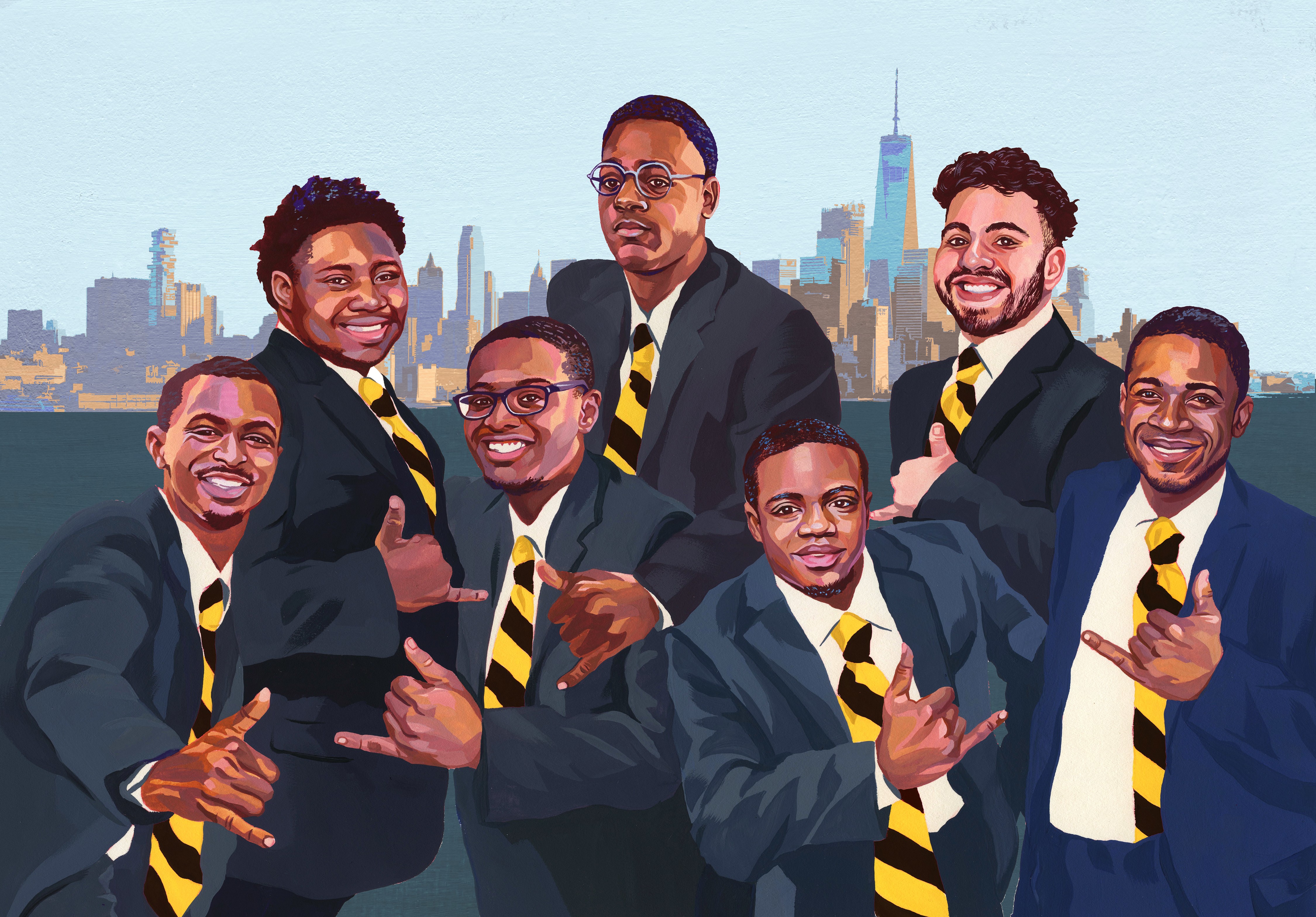Illustration of the seven members of Alpha Phi Alpha fraternity wearing suits in front of the Manhattan skyline.