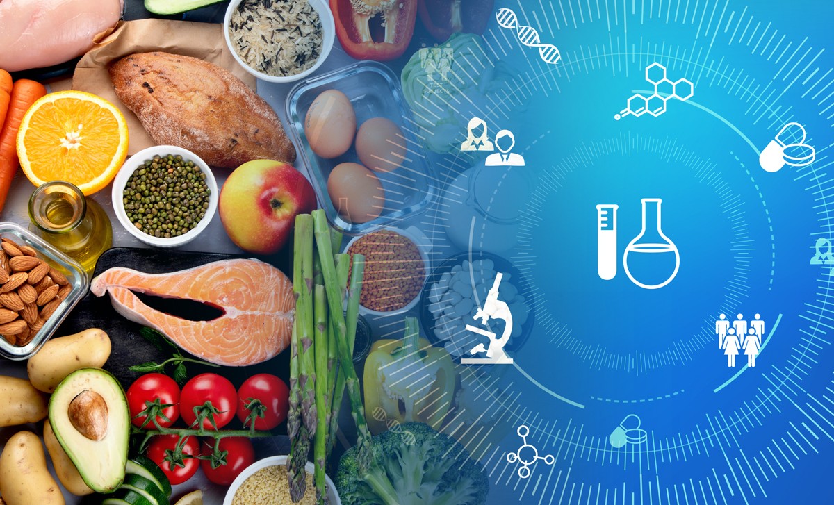 Different foods with science images that measure health and nutrition