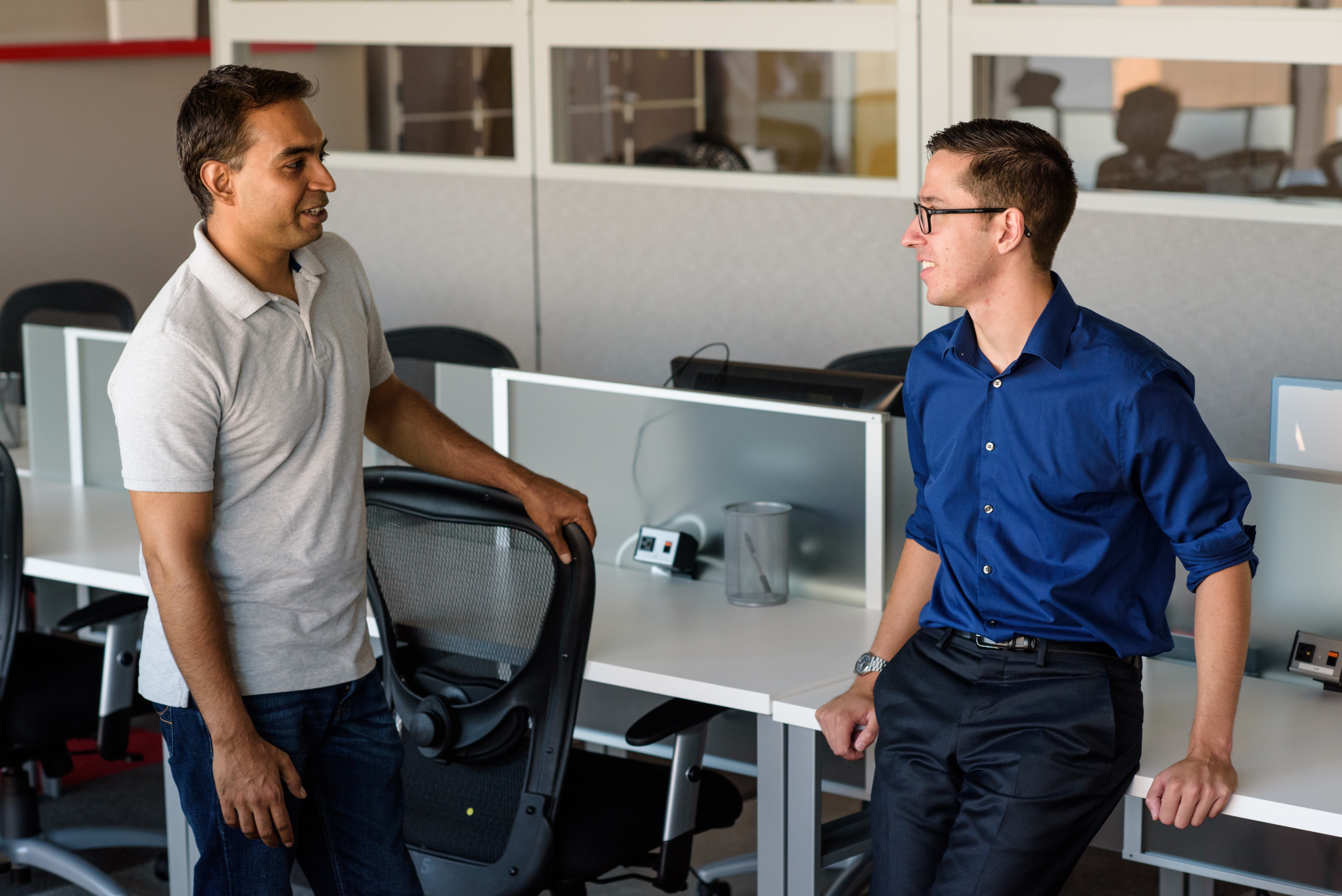 Kevin Barresi, FinTech Studios CTO (right), in the Stevens Venture Center with SVC Fellow and Assistant Professor Mukund Iyengar