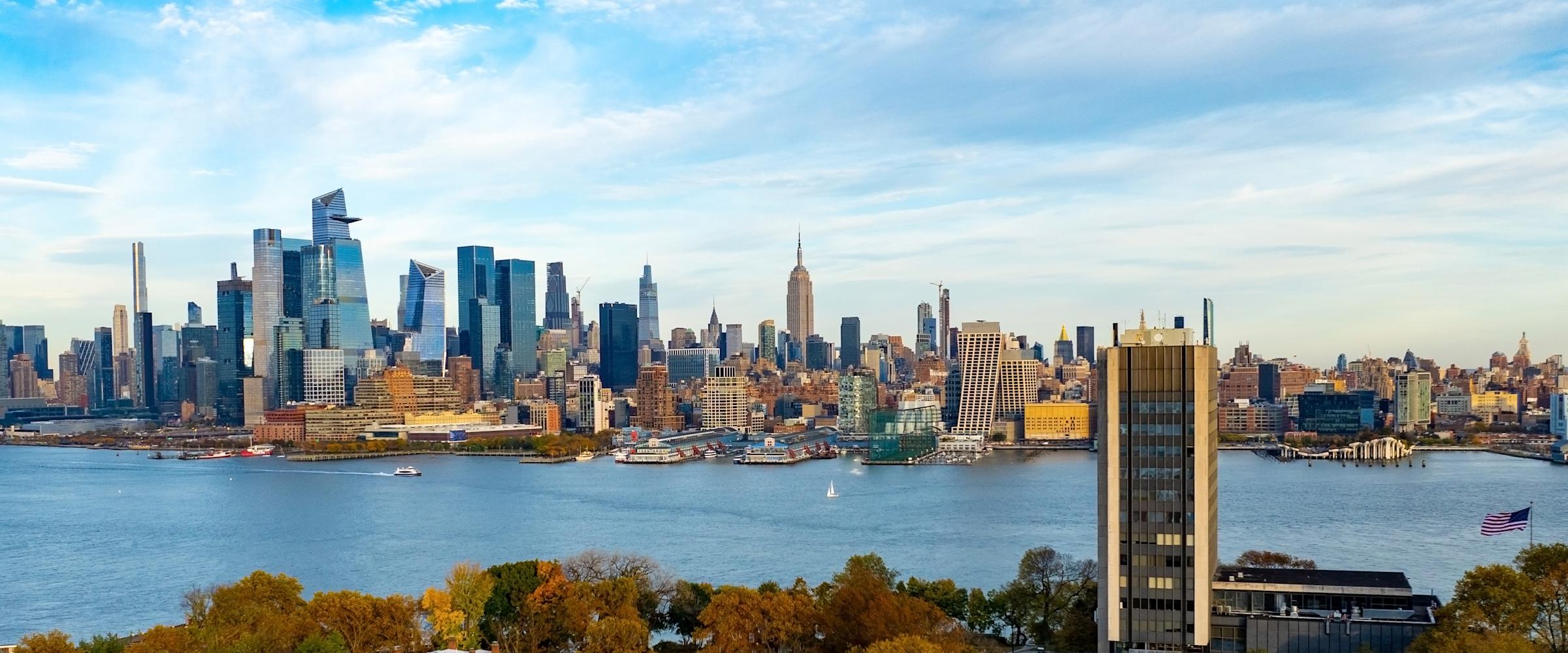 Aerial image of campus with New York skyline in background