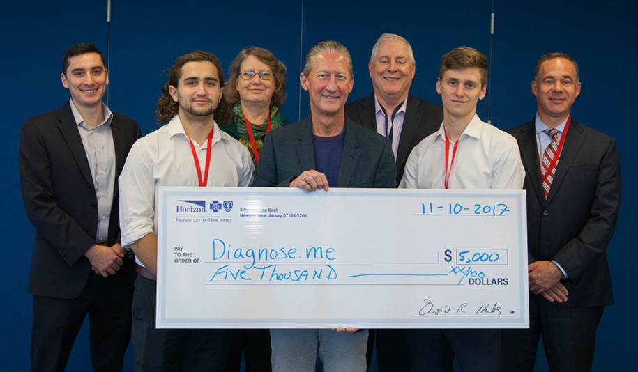 Stevens students Matthew Sabatini and Mike Wezyk with Health Care Transformation Challenge judges Douglas Blackwell, Craig Limoli, Kathleen O’Brien, Allen Karp and Chad Forbes