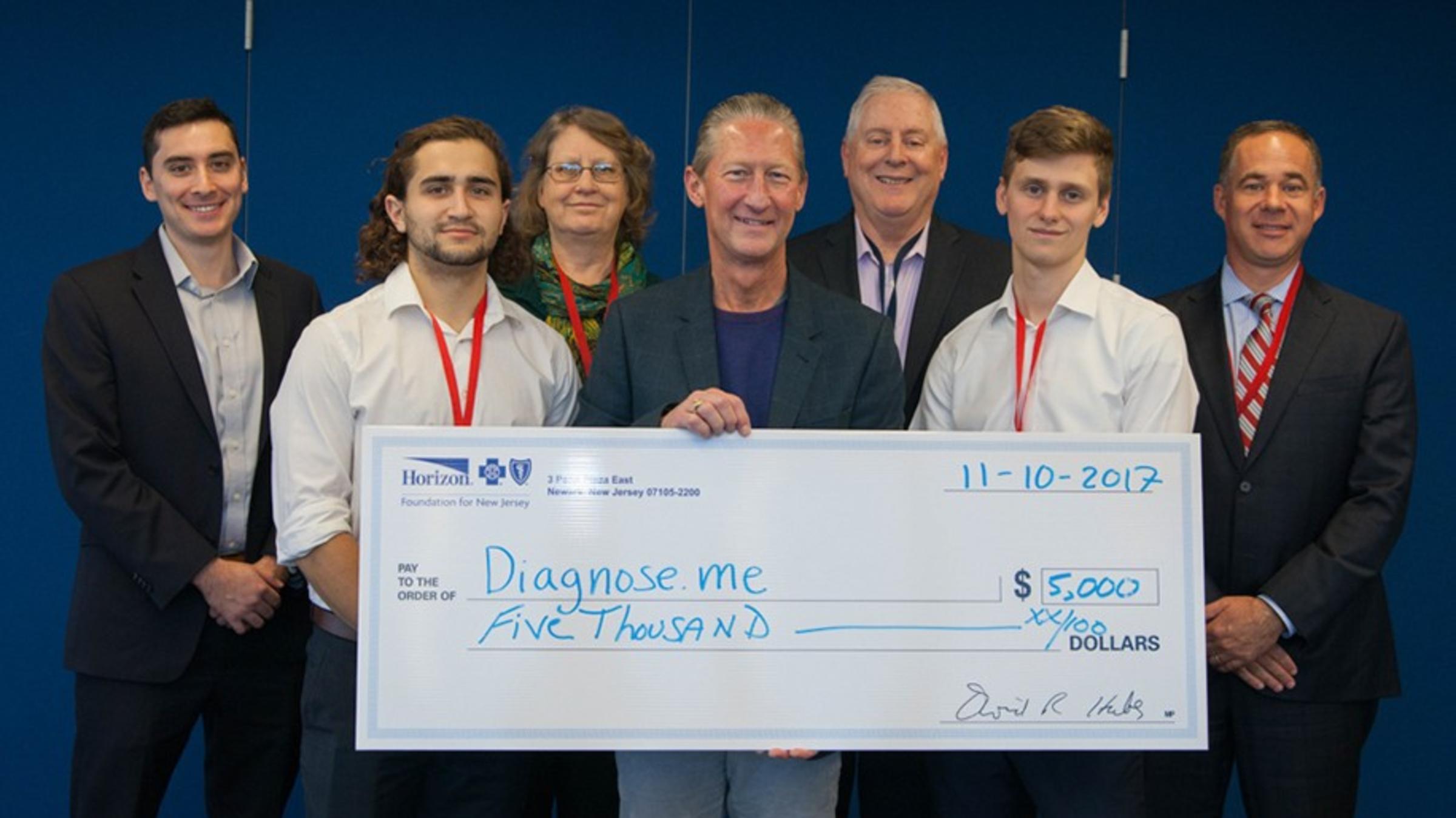 Stevens students Matthew Sabatini and Mike Wezyk with Health Care Transformation Challenge judges Douglas Blackwell, Craig Limoli, Kathleen O’Brien, Allen Karp and Chad Forbes