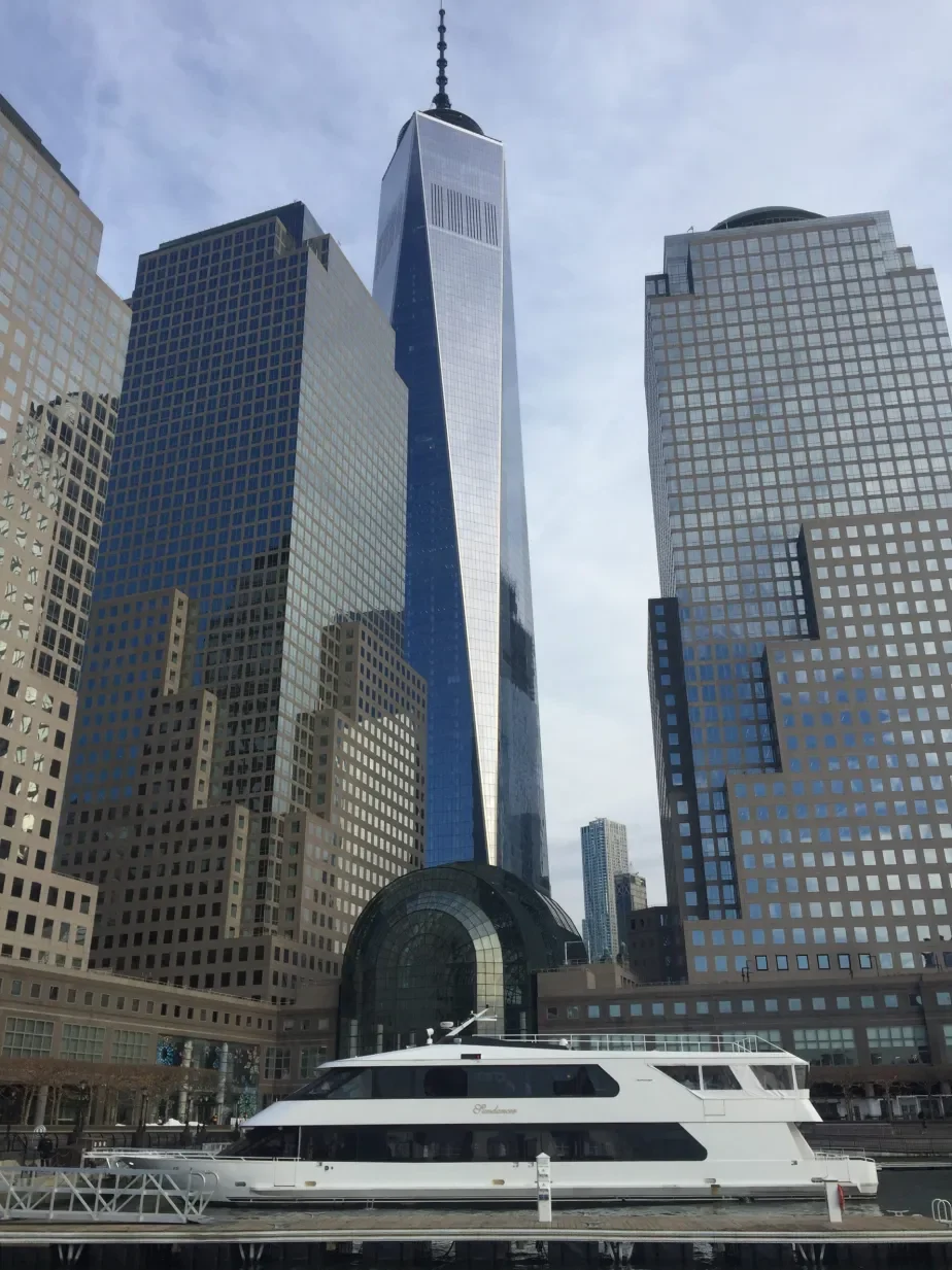 Cruise ship in front of One World Trade Center tower