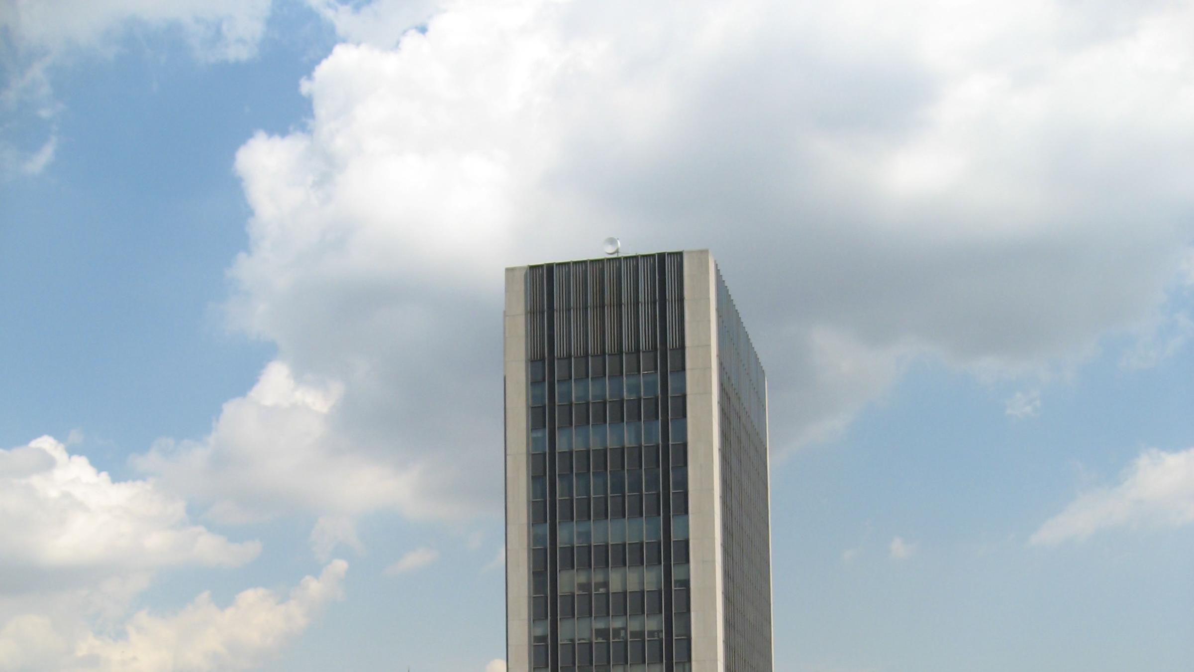 solar array on campus looking east with Manhattan with Howe Building and Manhattan in the background