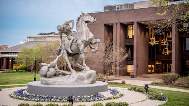The Torch Bearers sculpture on Stevens campus.