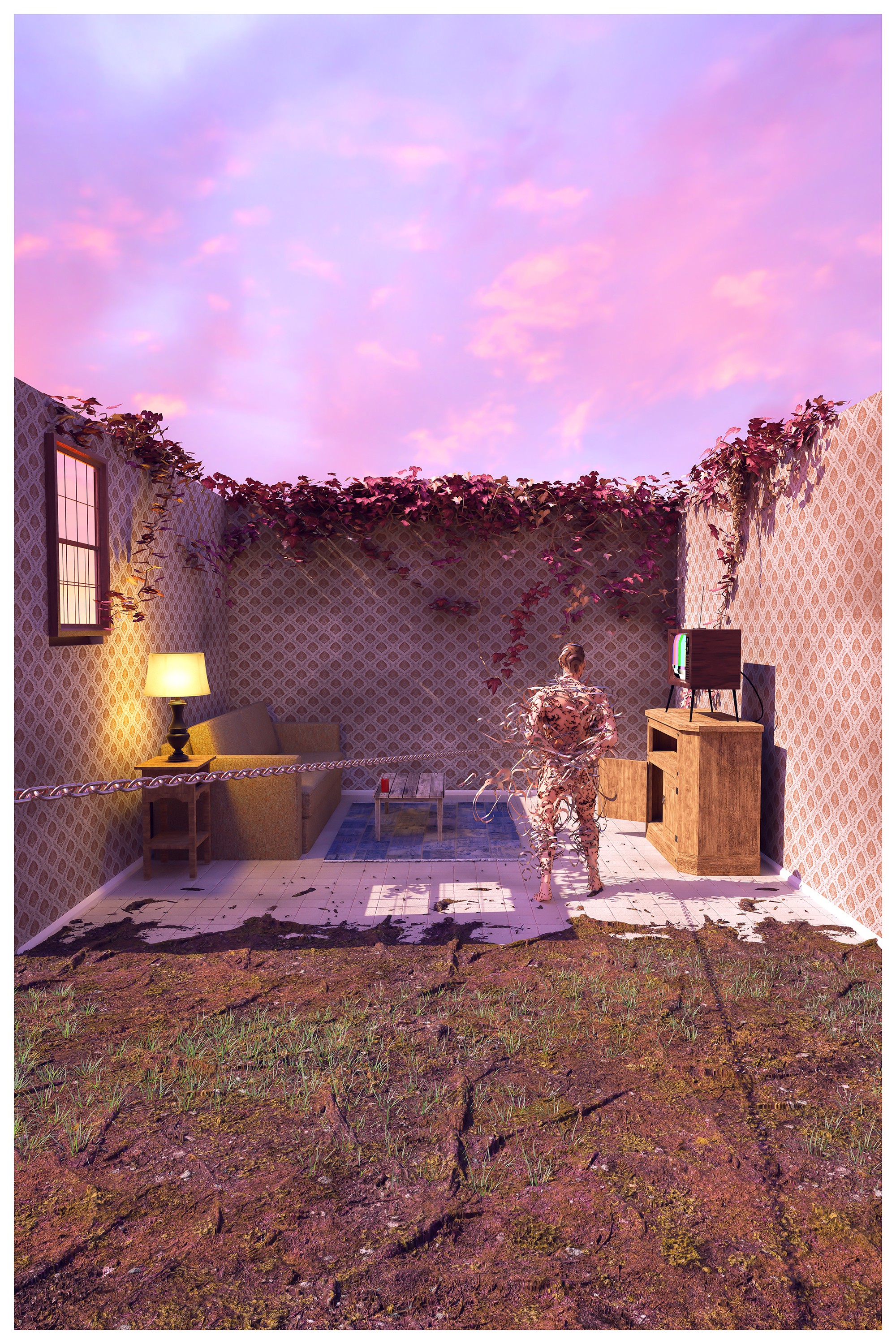 Computer generated image by Jacob Stillman that shows man in a deconstructed house with a chain wrapped around him