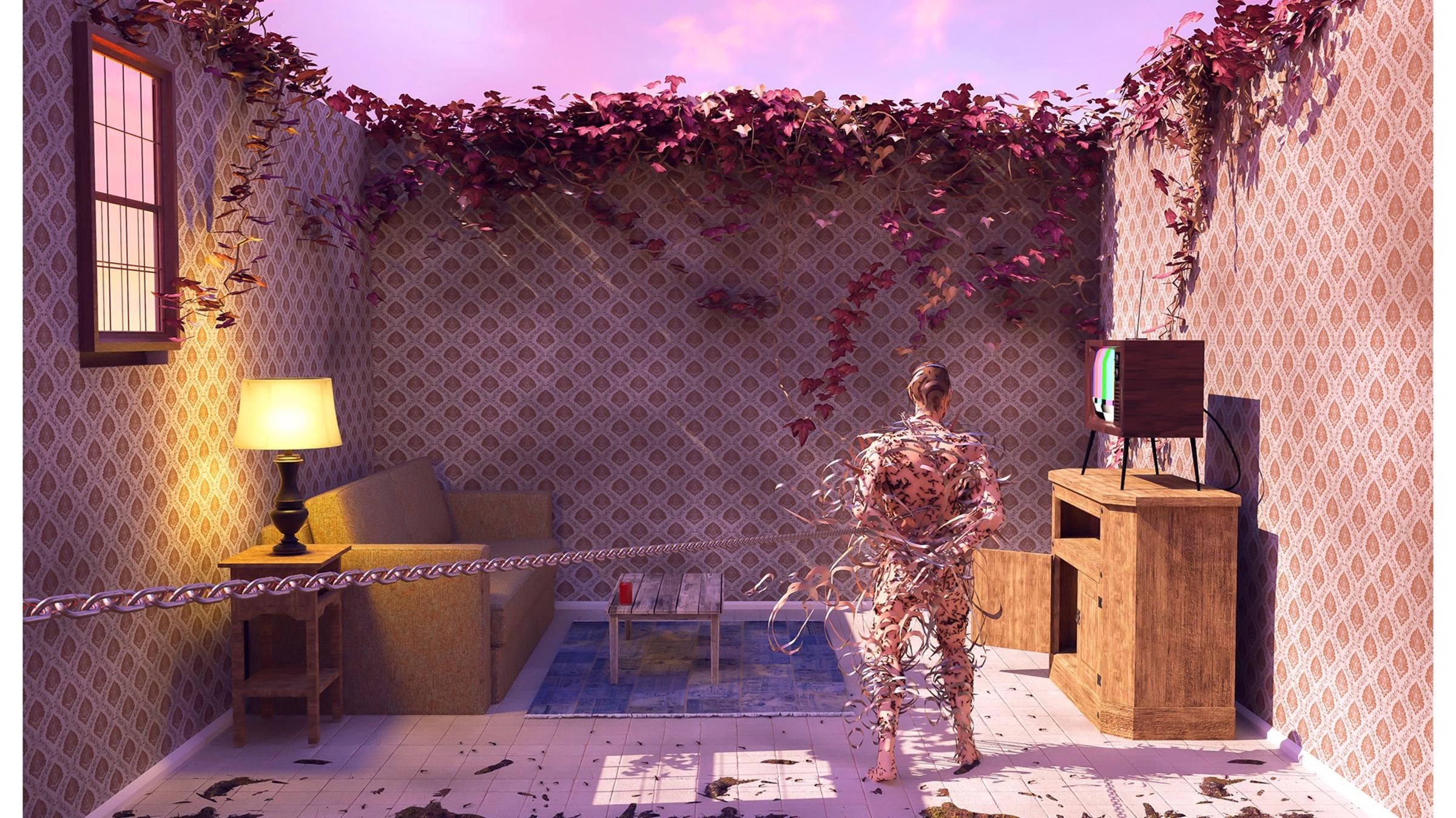 Computer generated image by Jacob Stillman that shows man in a deconstructed house with a chain wrapped around him