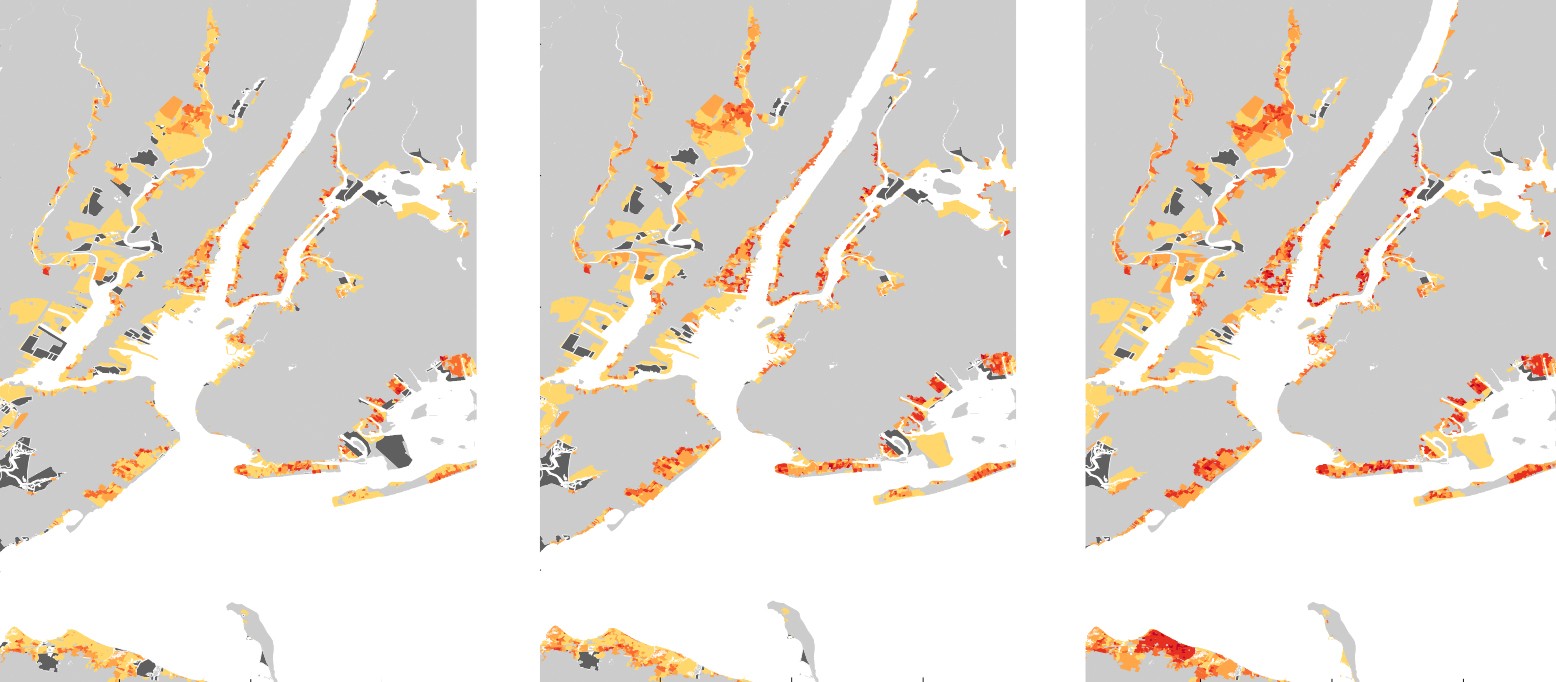 A series of three pictures showing how flooding will impact the coastline of a body of water. The third picture in the series shows the biggest effect from flooding; the first shows the least effect.